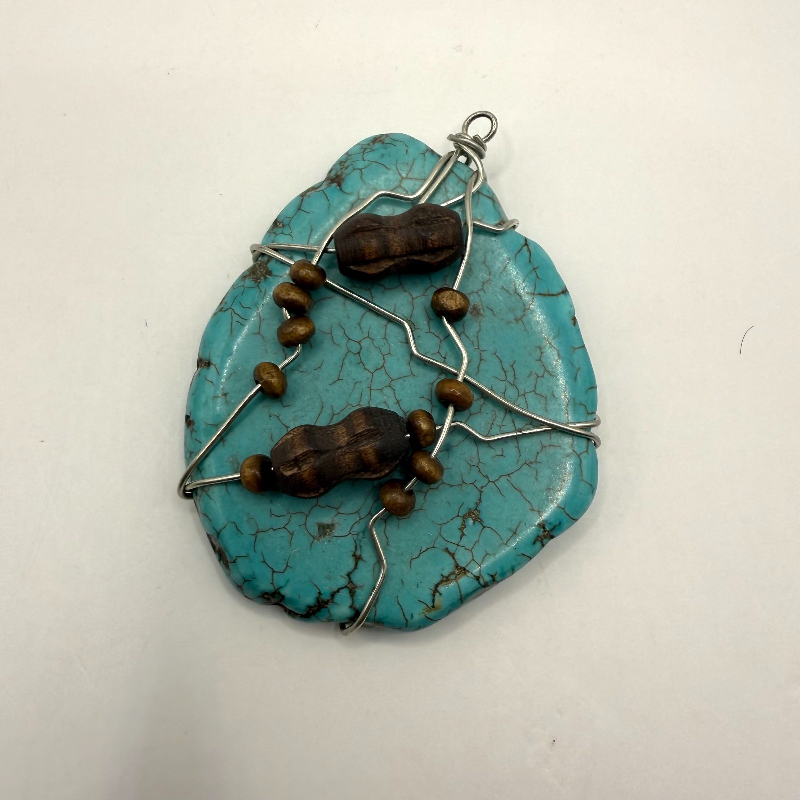 Large (faux?) Turquoise Stone Wood Beads Shaped Wire Pendant