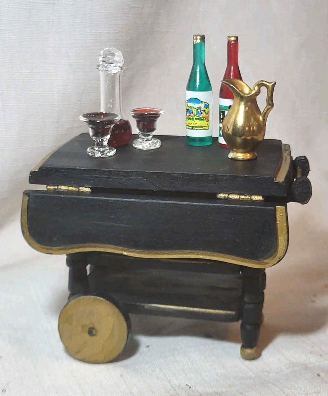 Dollhouse Black & Gold Painted Wooden Bar Cart w/Accessories 1:12 Scale