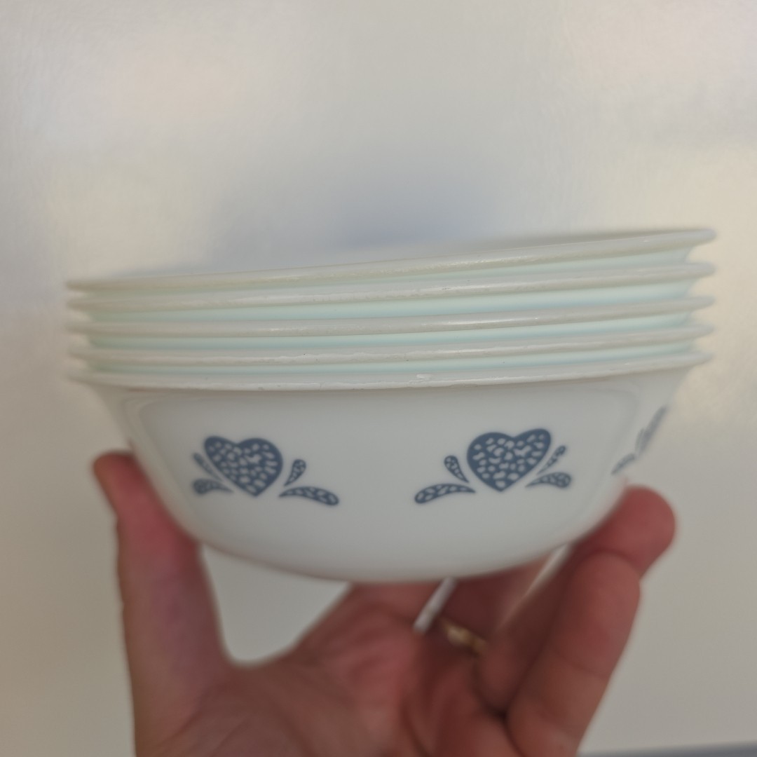 Set of 5 Corelle - Blue Hearts - Salad Soup Cereal Bowl 6.25” Made in USA