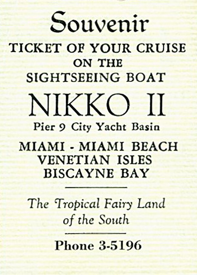 Nikko II Sight Seeing Boat Ticket - Miami 1941