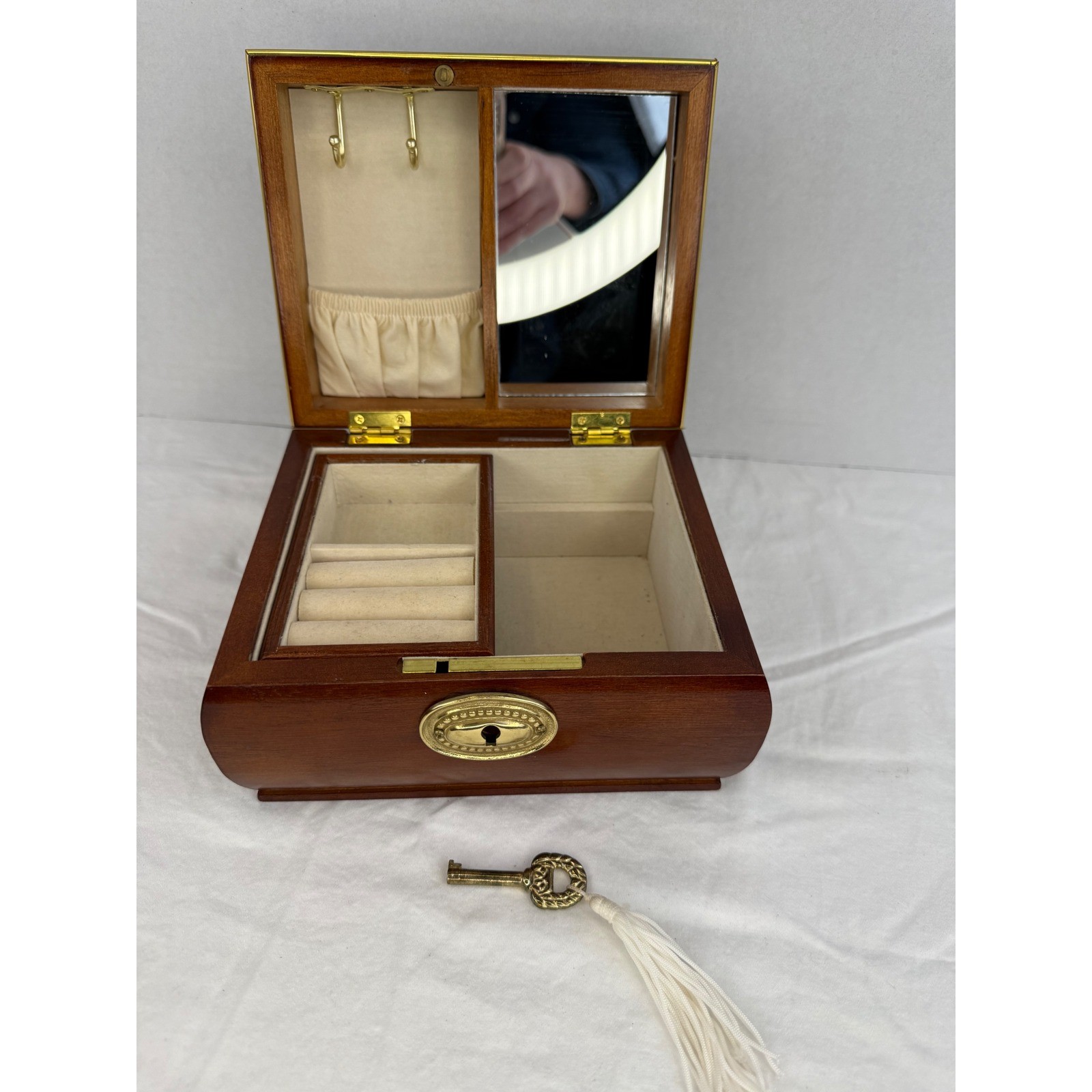 Vintage Wooden Jewelry Box with Key Mirror and Removable Tray Cherry Finish