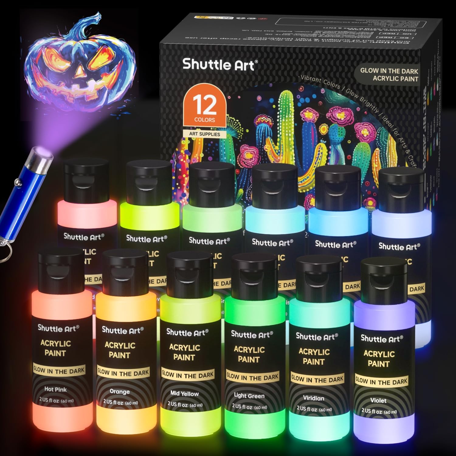 Shuttle Art Glow in Dark Paint, 12 Colors w/ UV Light, 2oz Bottles, Luminous