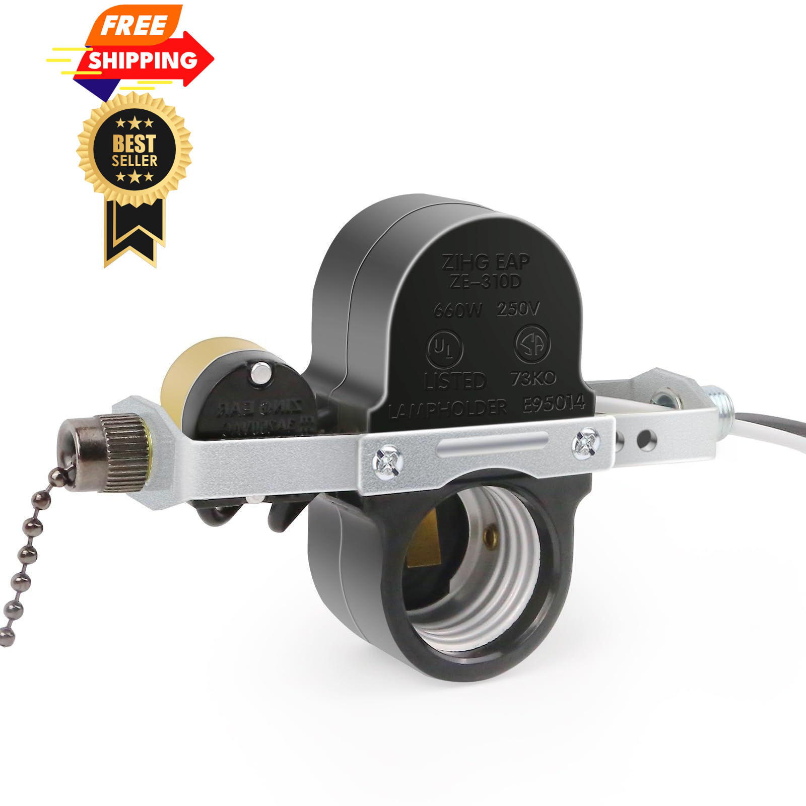 Dotlite Zing Ear ZE-310D Light Socket Pull Chain Switch, 660W Daul E27 Black 