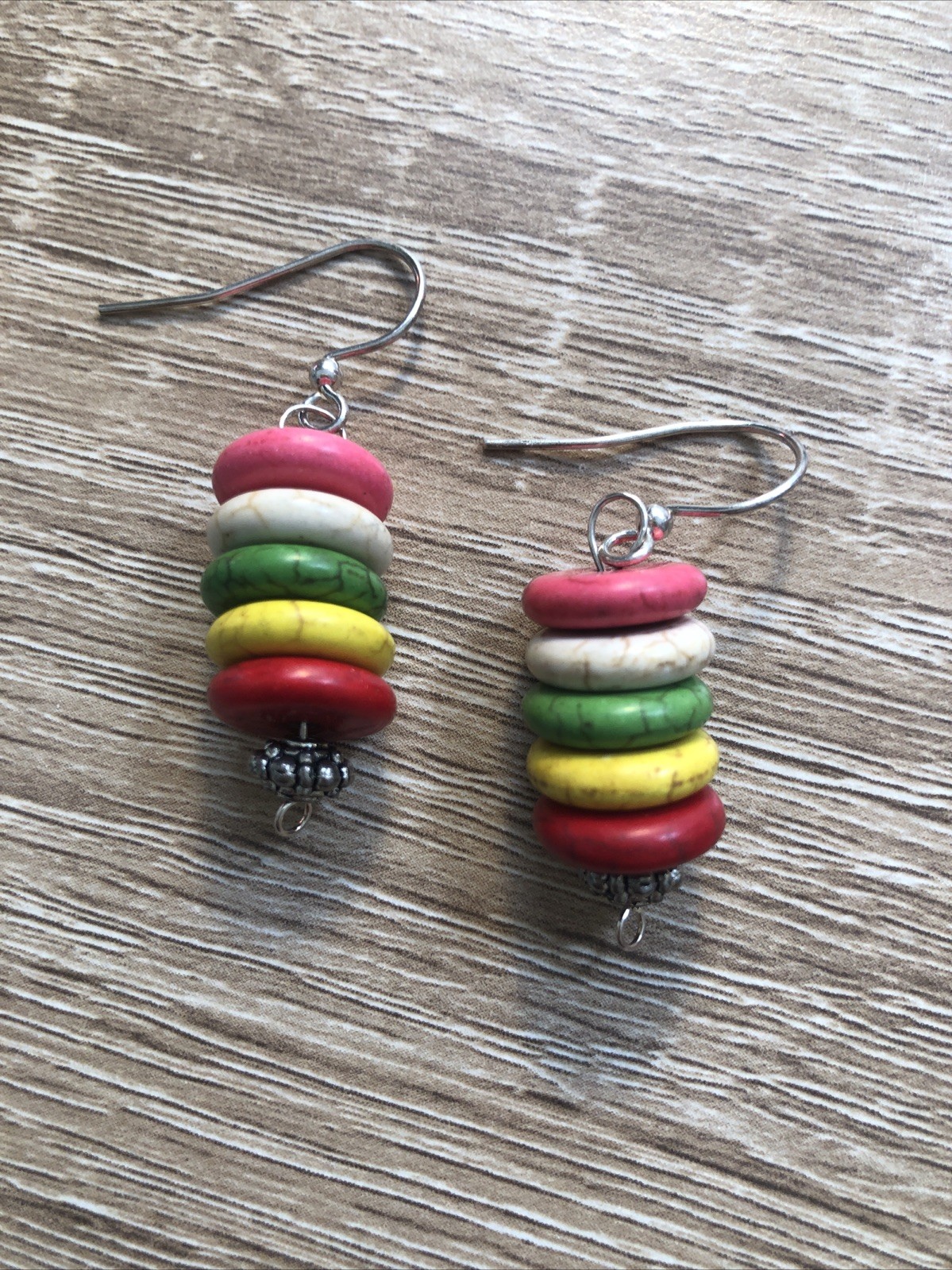 Heishi Beaded earrings Dangle Drop with silver findings stacked Dyed stone beads