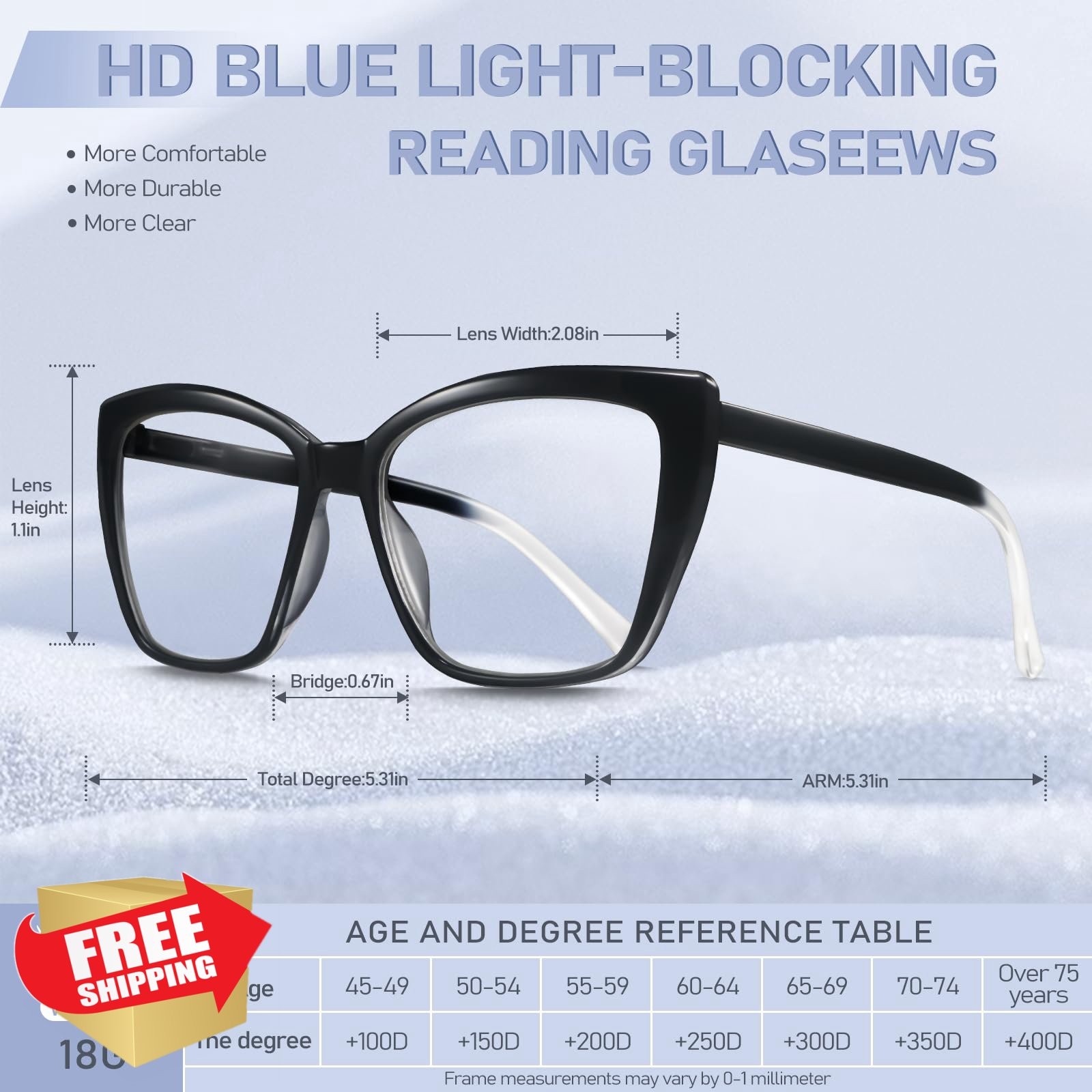 ORANZI Reading Glasses Women, 3 Pack, Oversized Blue Light, Cat Eye, 1.25, Mi...