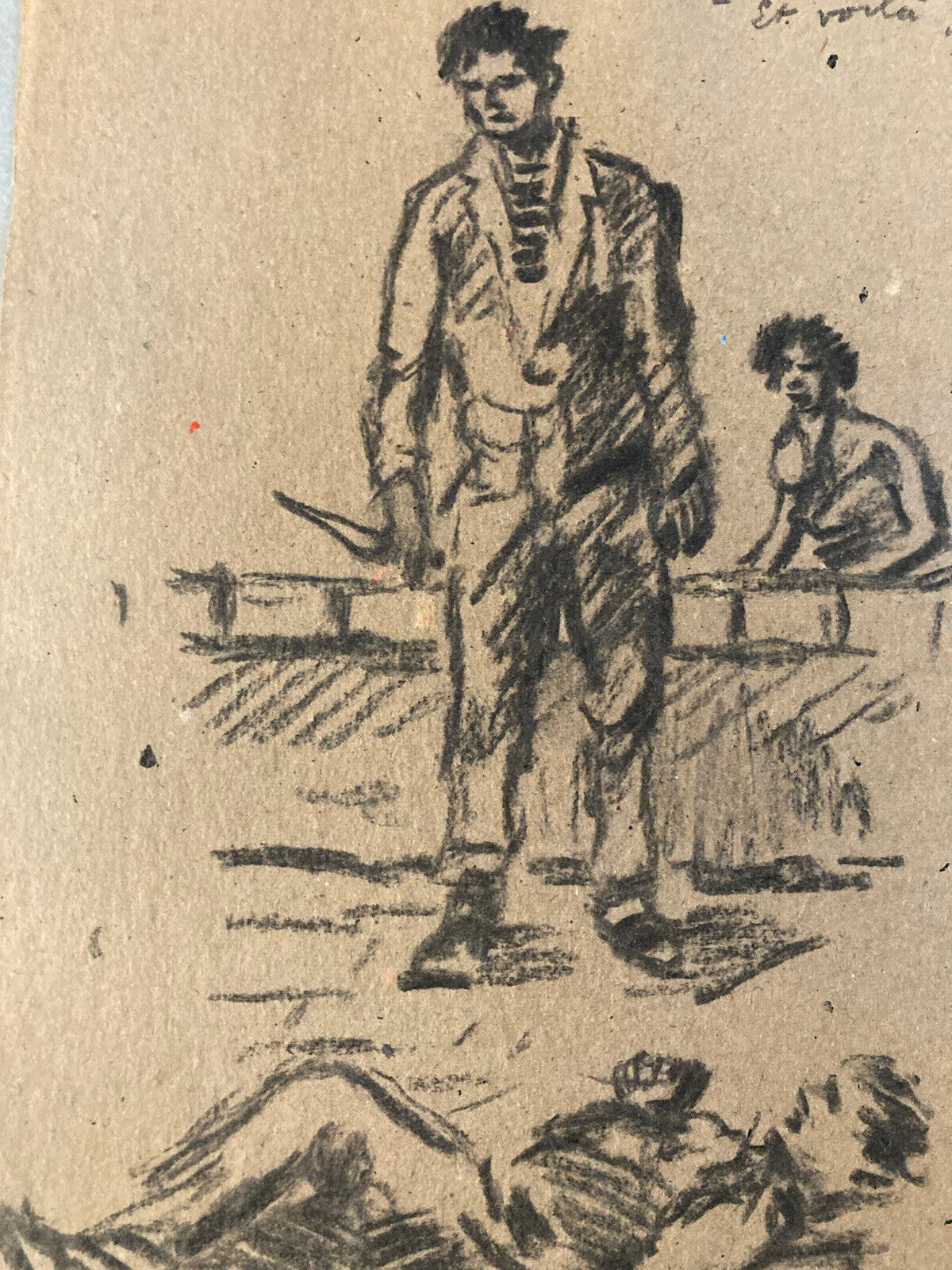 Très Beau Dessin Assasinat Couteau Meurtre Sur Papier Portrait Fusain Homme 1920