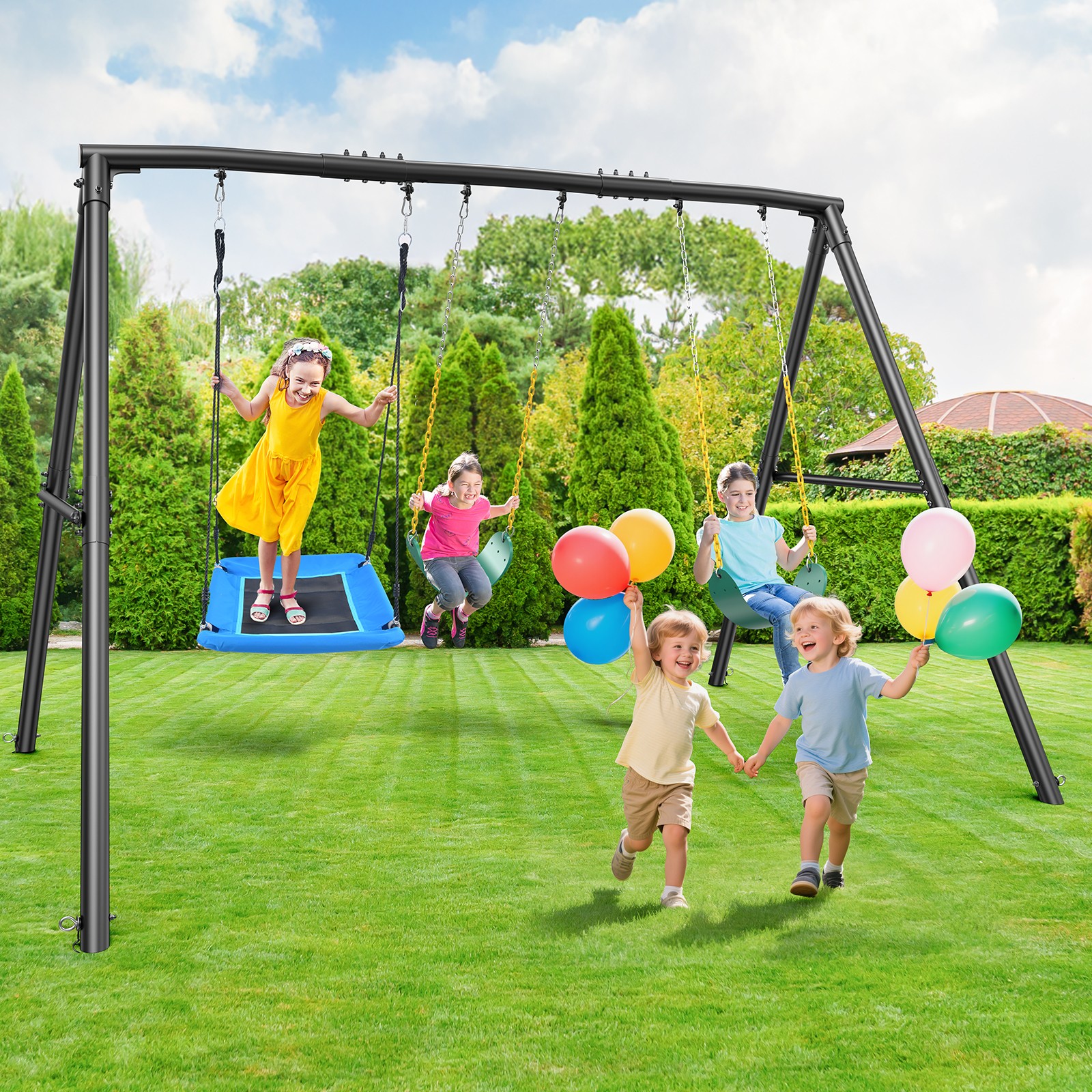 600lb Metal Swing Set Heavy Duty Frame Outdoor for Kids Adult with 3 Swing Seats