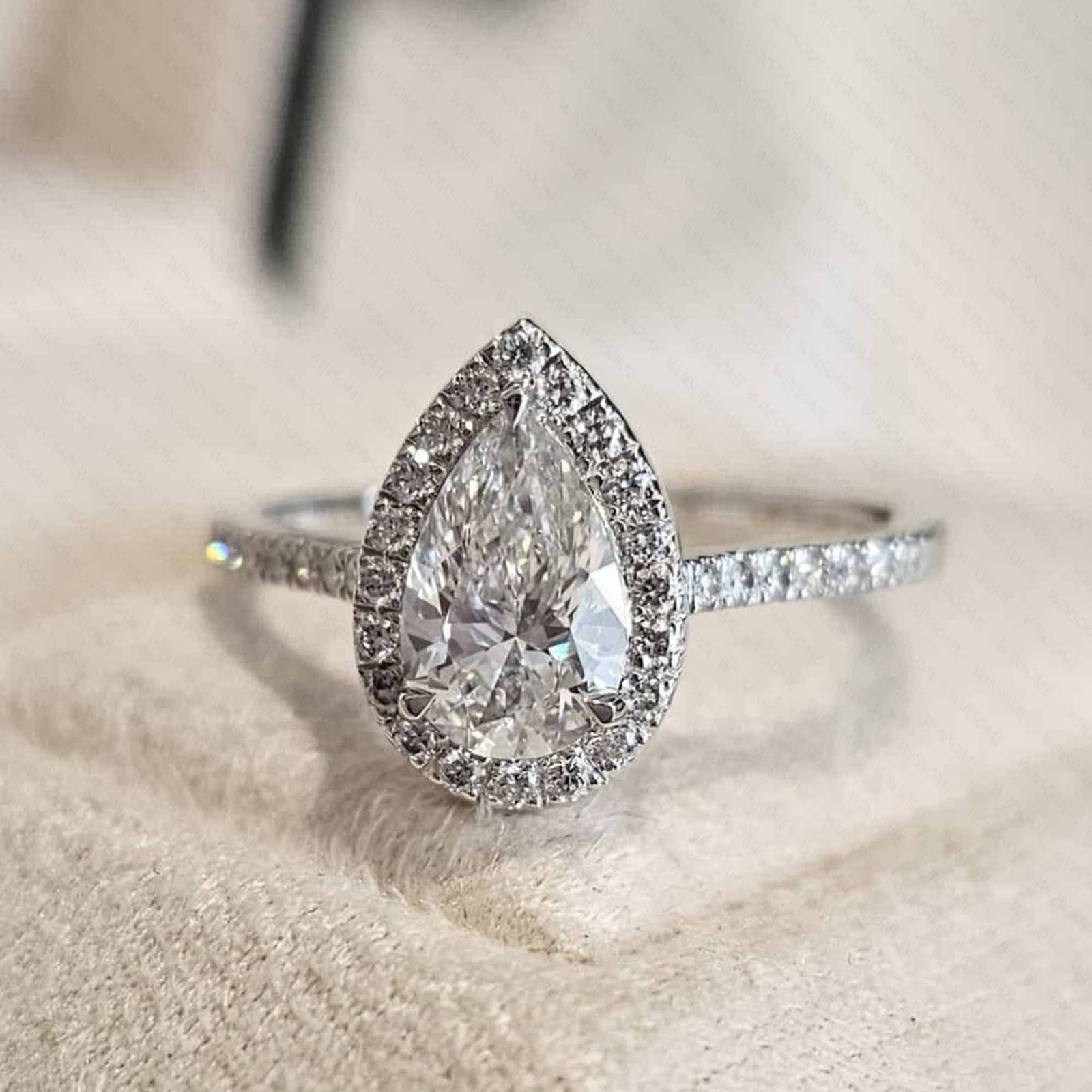 2.50Ct Pear Moissanite Halo Engagement Ring in 14K White Gold Plated Pave Band