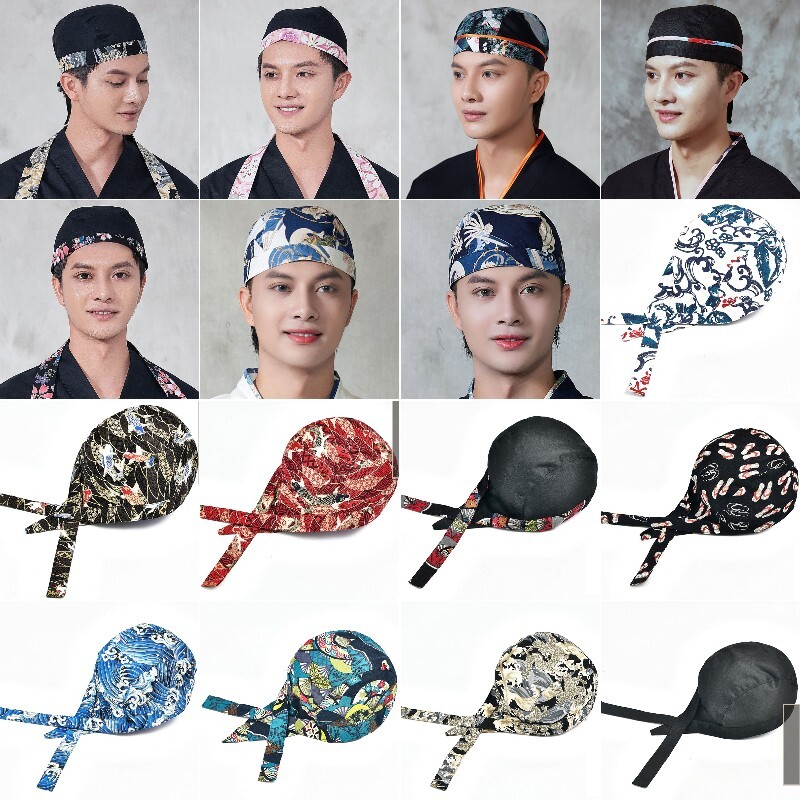 Men Japanese Printed Chef Waiter Cap Headwear Hat Izakaya Breathable Adjustable