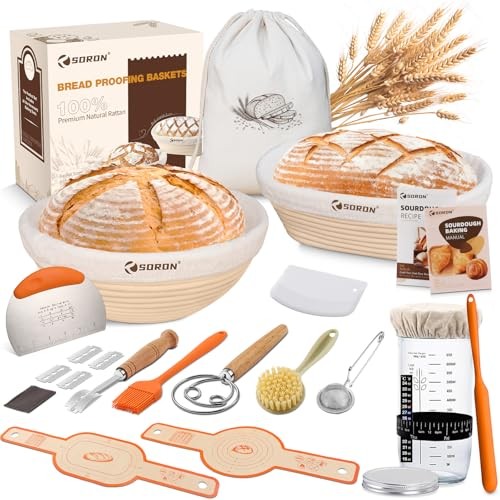 Sourdough Starter Kit, Banneton Bread Proofing Basket with 100% Natural Rattan