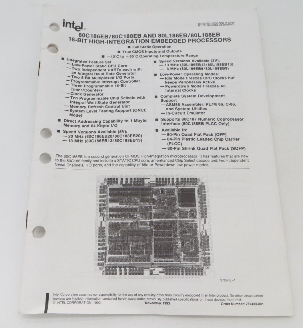 1993 intel Preliminary Book 16-BIT HIGH-INTEGRATION EMBEDDED PROCESSORS 80C186EB
