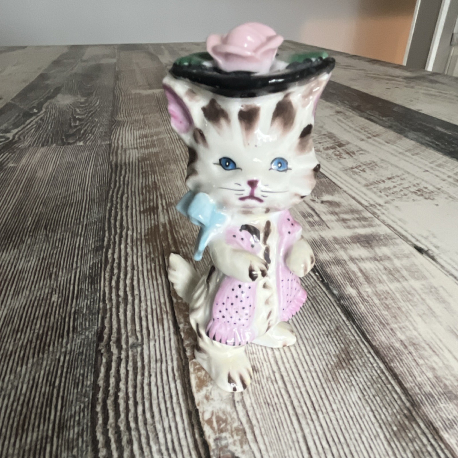 Porcelain Cat Figurine with Pink Dress and Hat