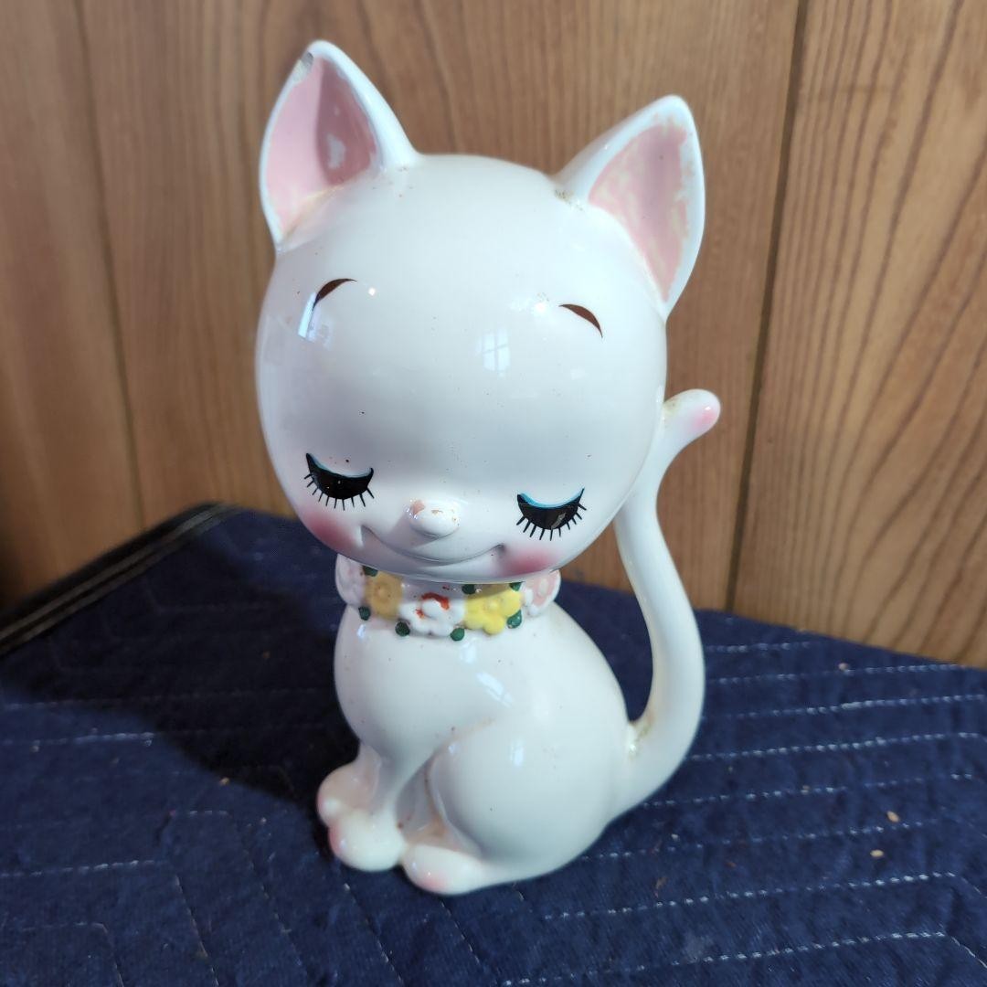 Rune Naito White Cat Piggy Bank with Floral Collar