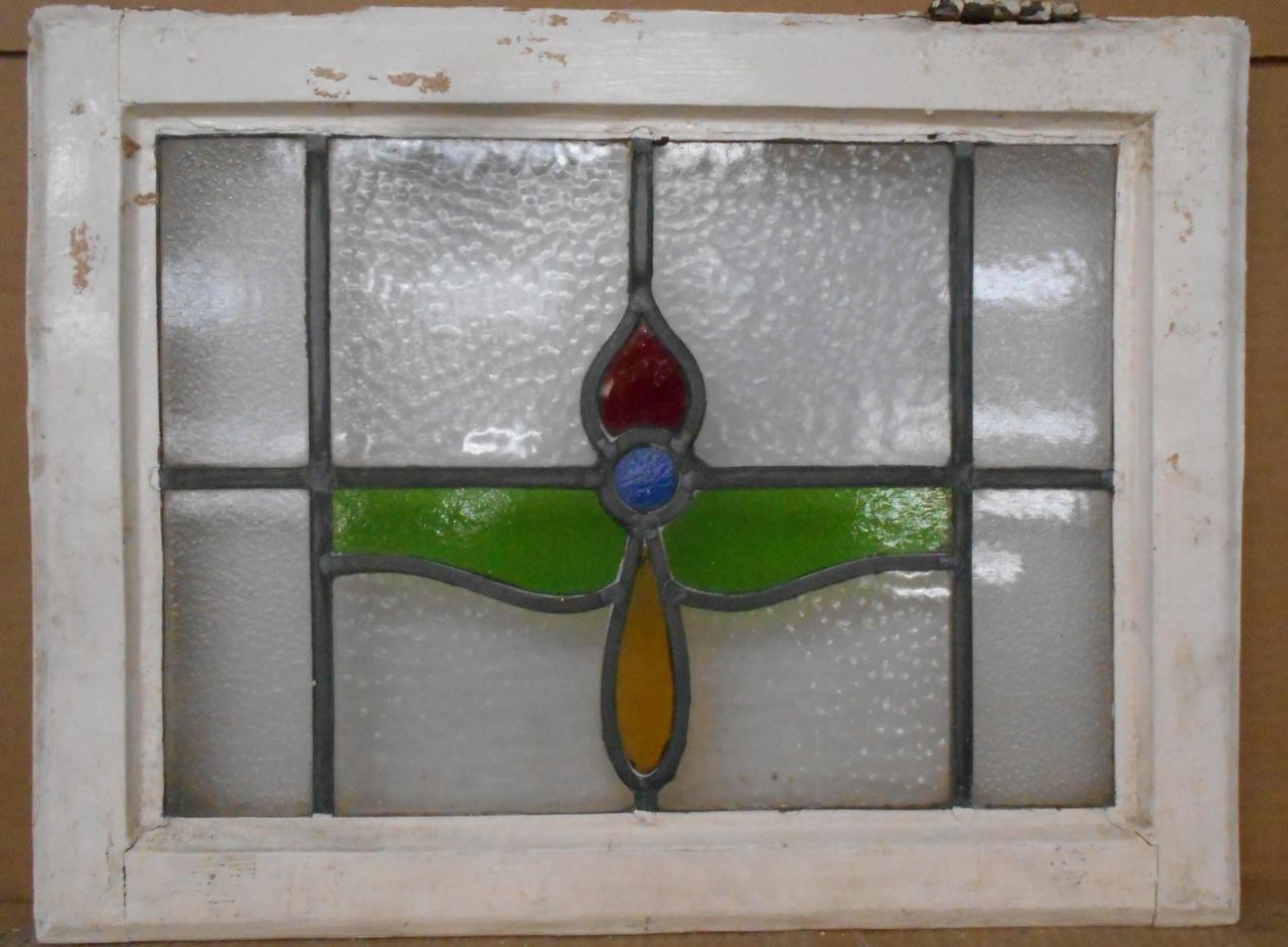 OLD ENGLISH LEADED STAINED GLASS WINDOW Simple Floral Design 21.25" x 16"