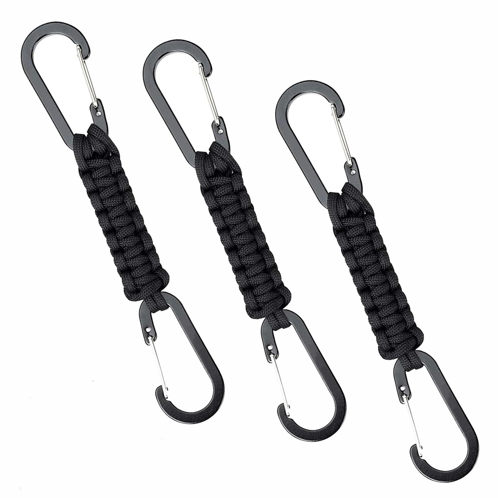 3-Pcs Paracord Keychain Carabiner Clip, D Ring Lanyard 7.9 inches, Black 