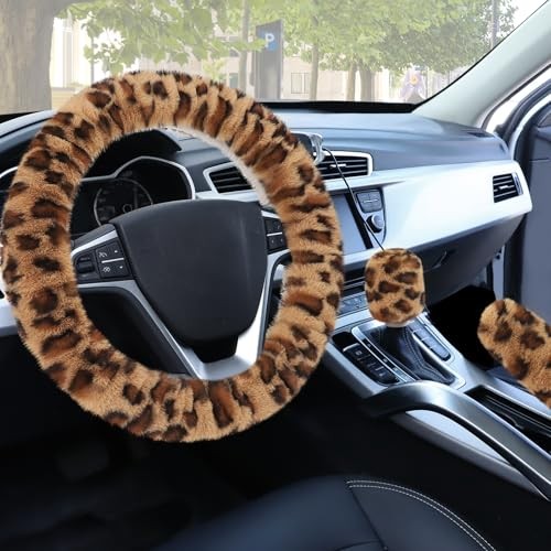  Fuzzy Car Steering Wheel Cover, Universal Fit short hair Khaki/Brown Leopard