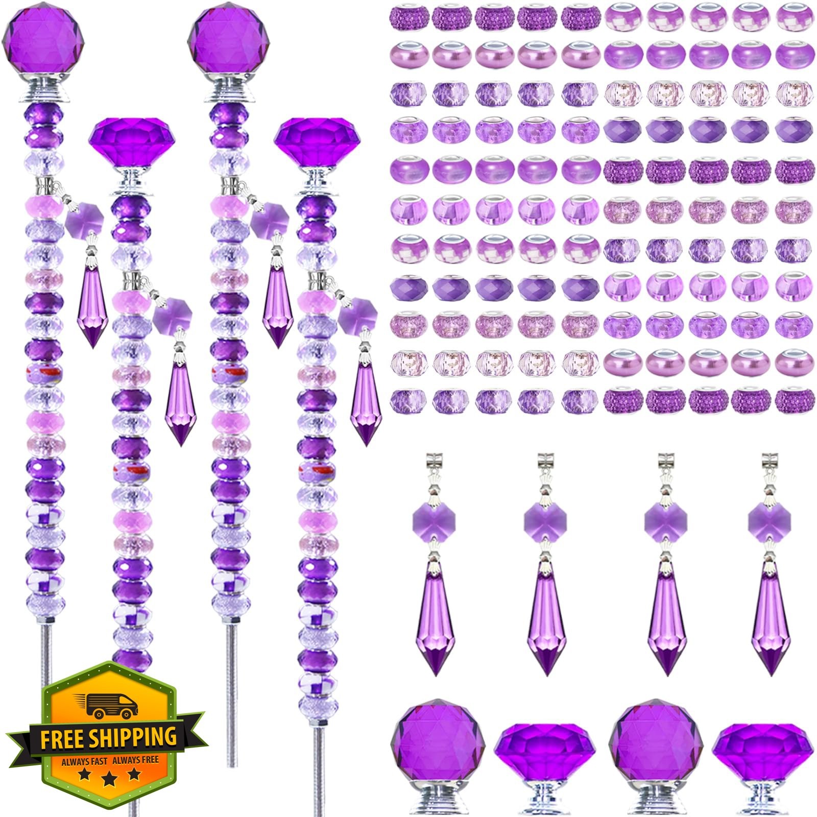 Exway 100pc DIY Fairy Wand Beads Garden Stake Kit Purple Pendants