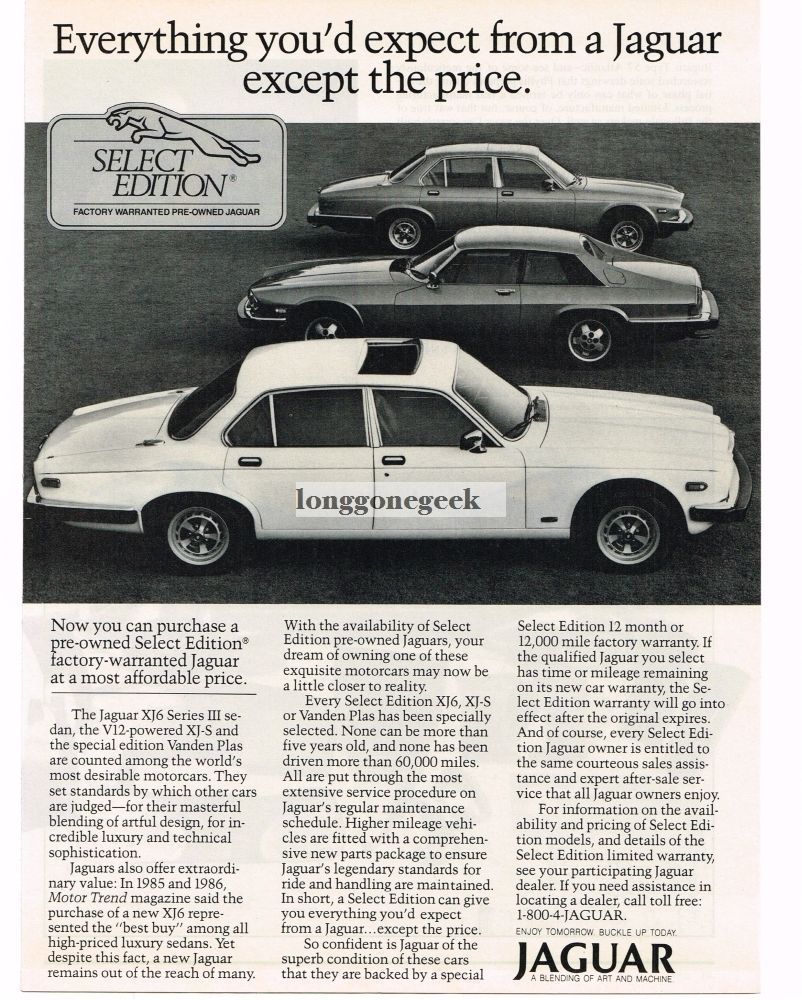 1988 Jaguar XJ6 Series III Sedan, XJ-S, Vanden Plas VINTAGE  Print Ad