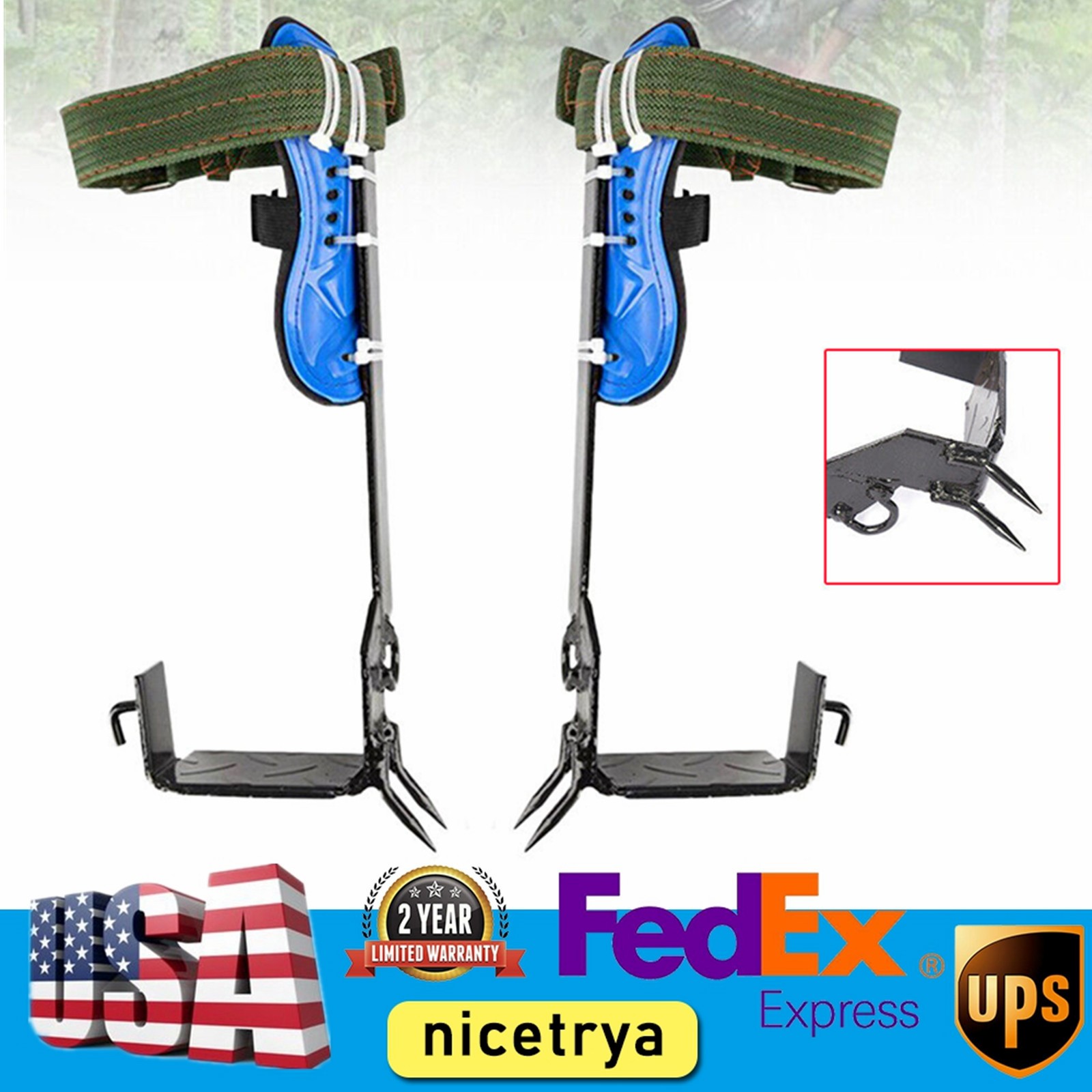 2 Gear Tree Climbing Spikes w/Harness Safety Adjustable Belt Tree Climbing Set