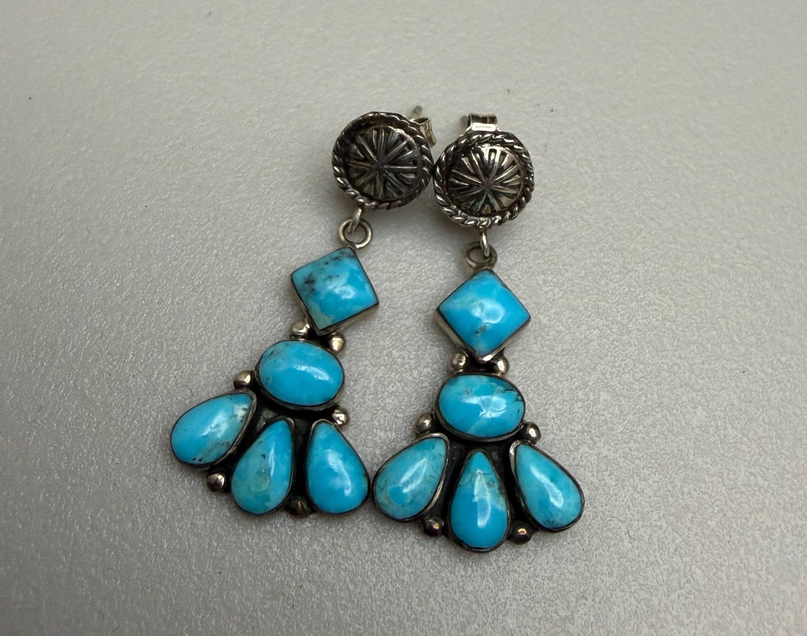 Southwest Style Sterling Silver & Kingman Turquoise Cluster Dangle Earrings