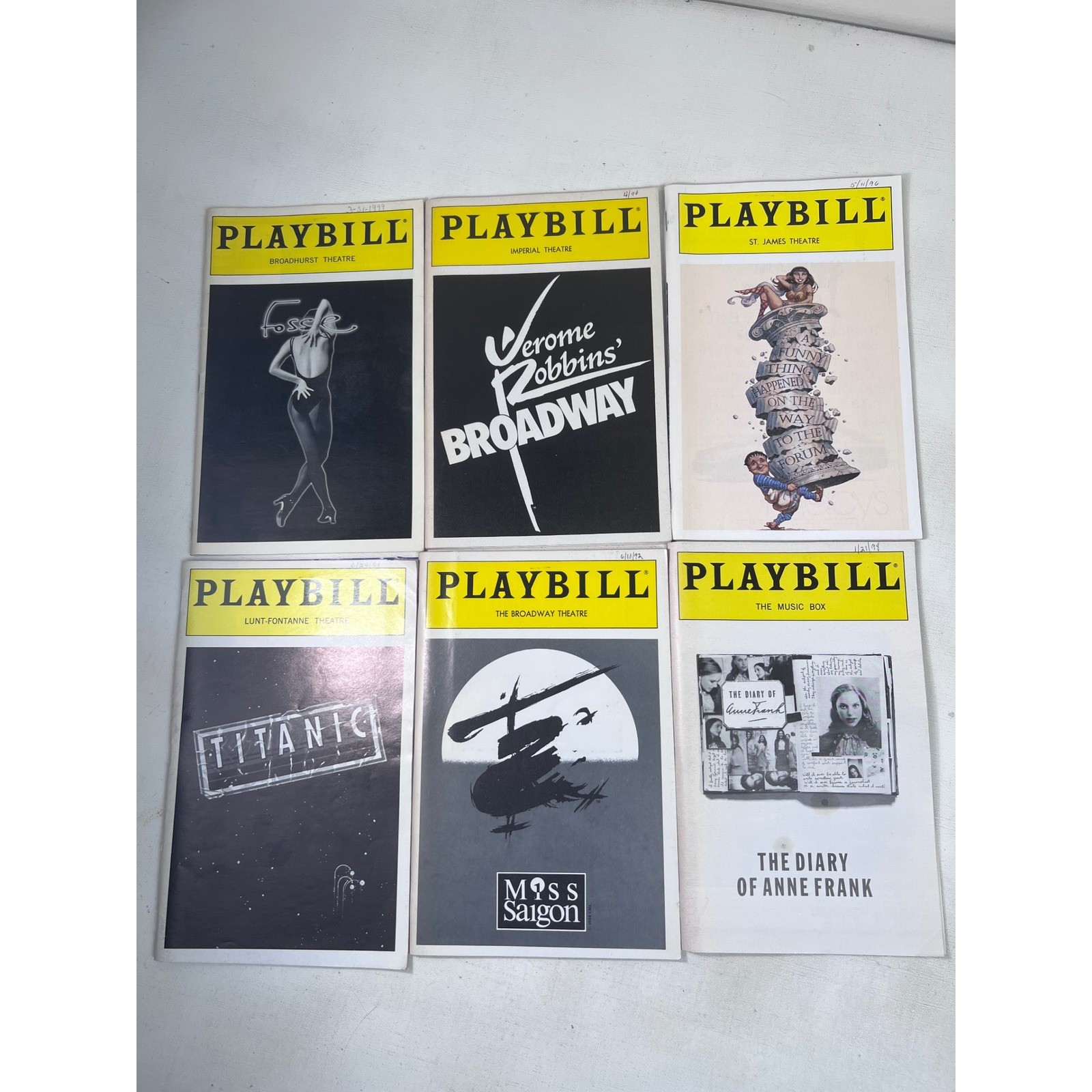 Vintage Broadway Playbills Lot Titanic Miss Saigon Fosse Diary Anne Frank Ticket
