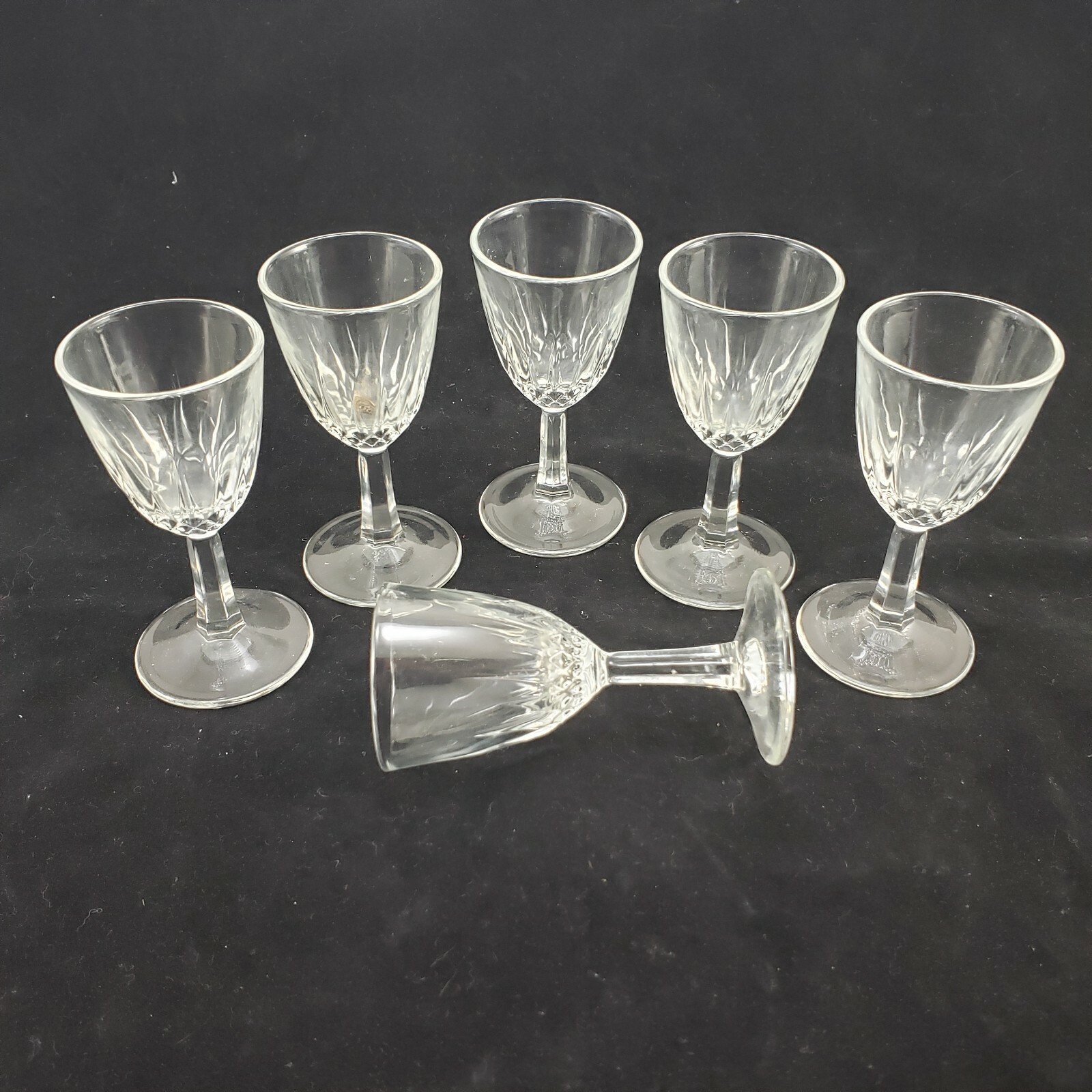Pressed Glass Cordial Shot Glasses Diamond Point Stemware 3.5 Set 6 Vintage 