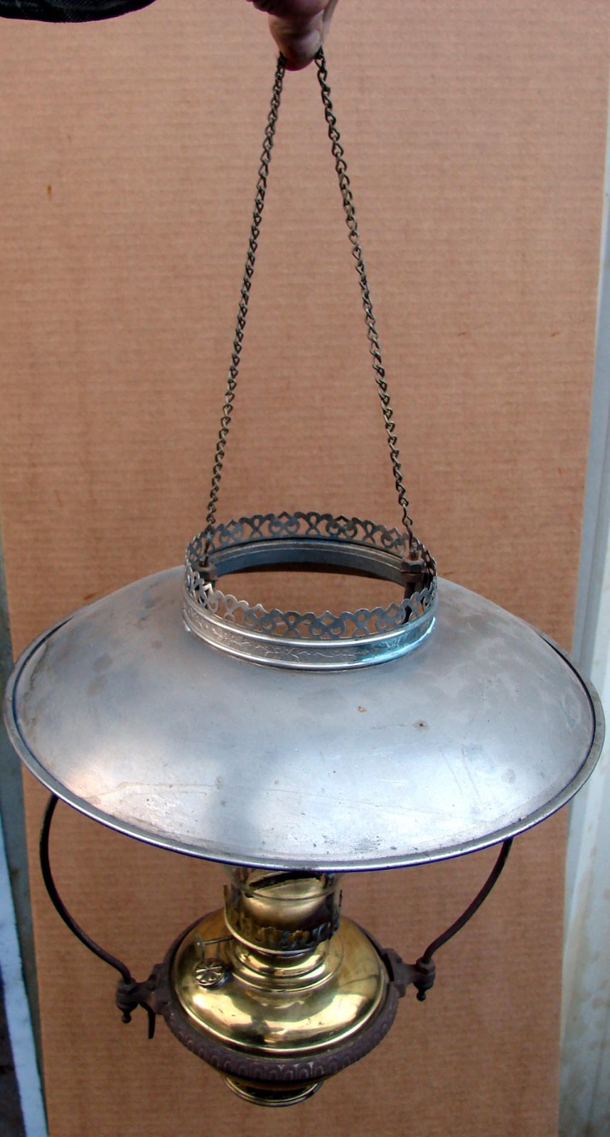 Antique Hanging Brass, Glass & Cast Iron Kerosene Parlor Lamp Light