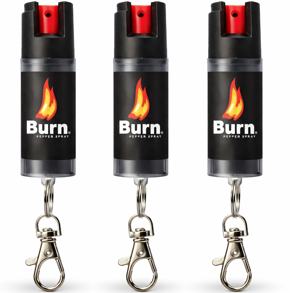Burn Pepper Spray 3 Pack 0.5 oz Keychain Self Defense Black w/ Safety Lock