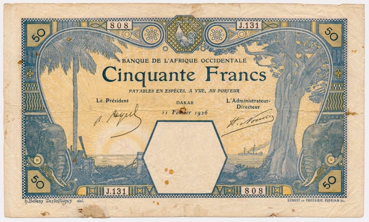 FRENCH WEST AFRICA banknote 50 Francs 1926 Dakar VF