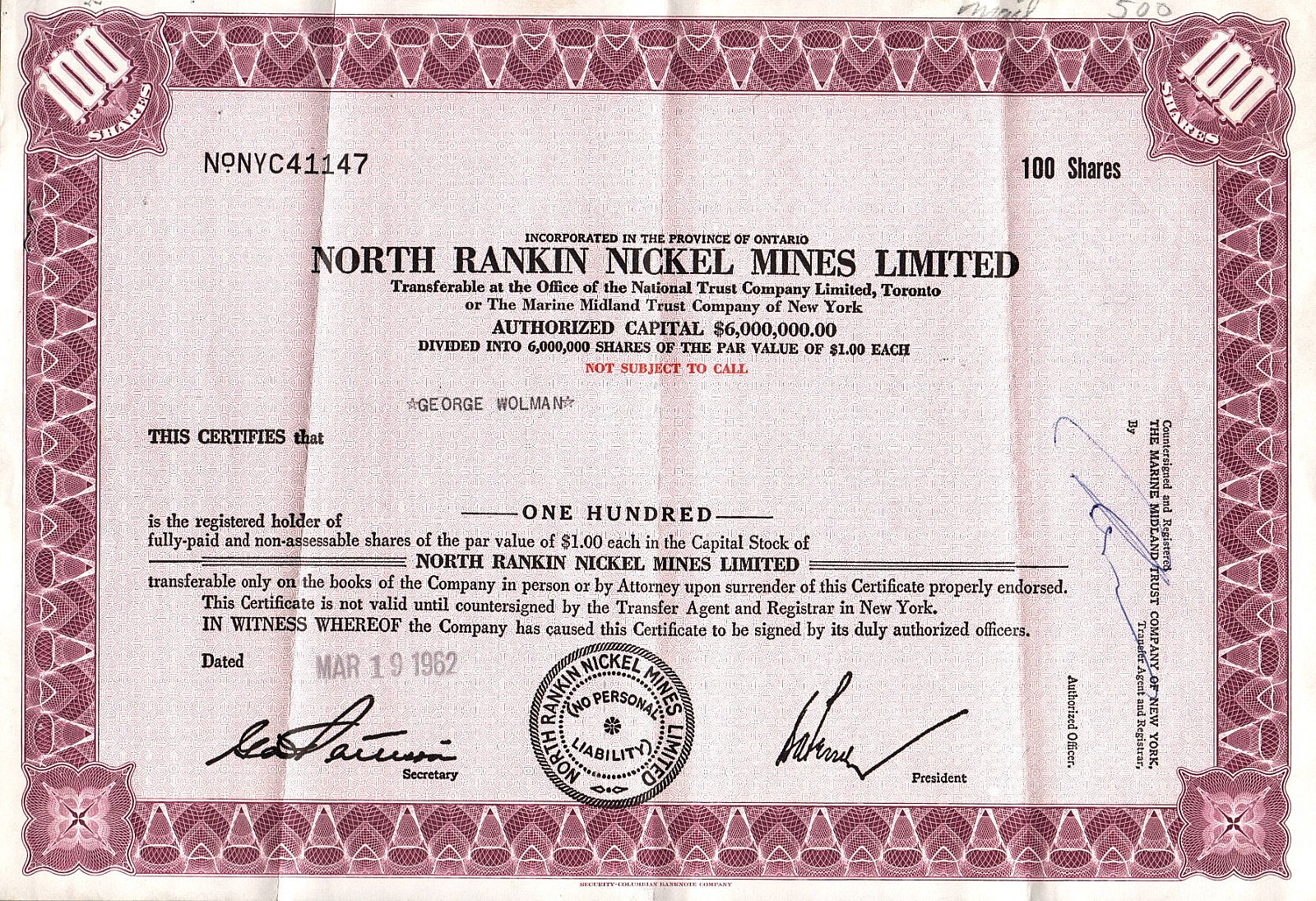 VINTAGE 1962 NORTH RANKIN NICKEL  MINES MINING STOCK CERTIFICATE ONTARIO