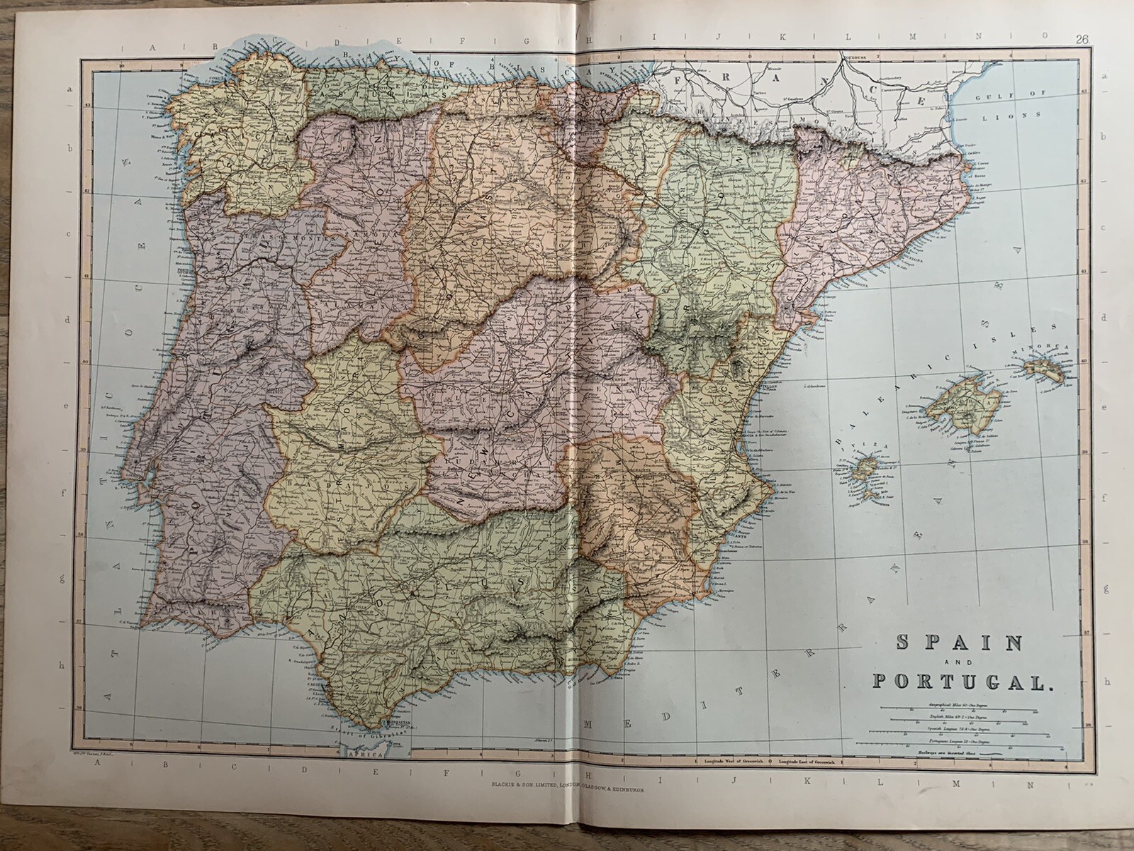 1891 SPAIN & PORTUGAL LARGE COLOUR MAP BY W.G. BLACKIE