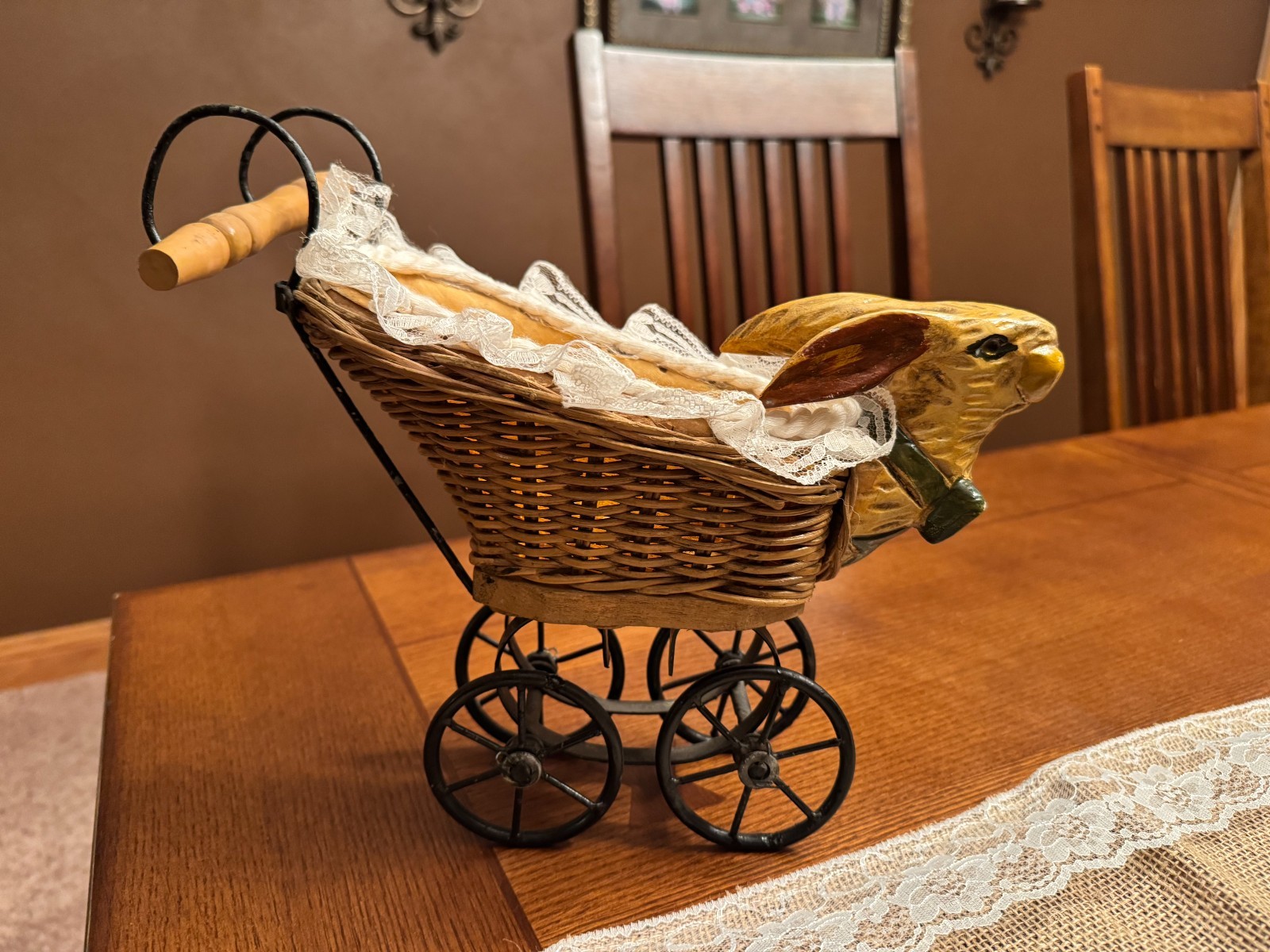 Antique Vintage Doll Stroller Pram Rabbit Bunny Head Wicker Iron Base