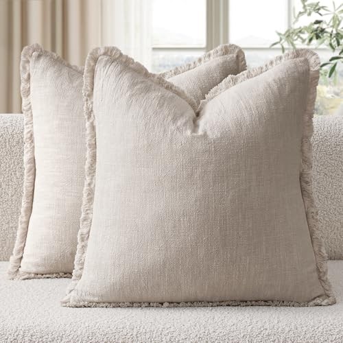  Linen Fringe Throw Pillow Covers Set of 2 20" x 20" (Pack of 2) Natural Beige