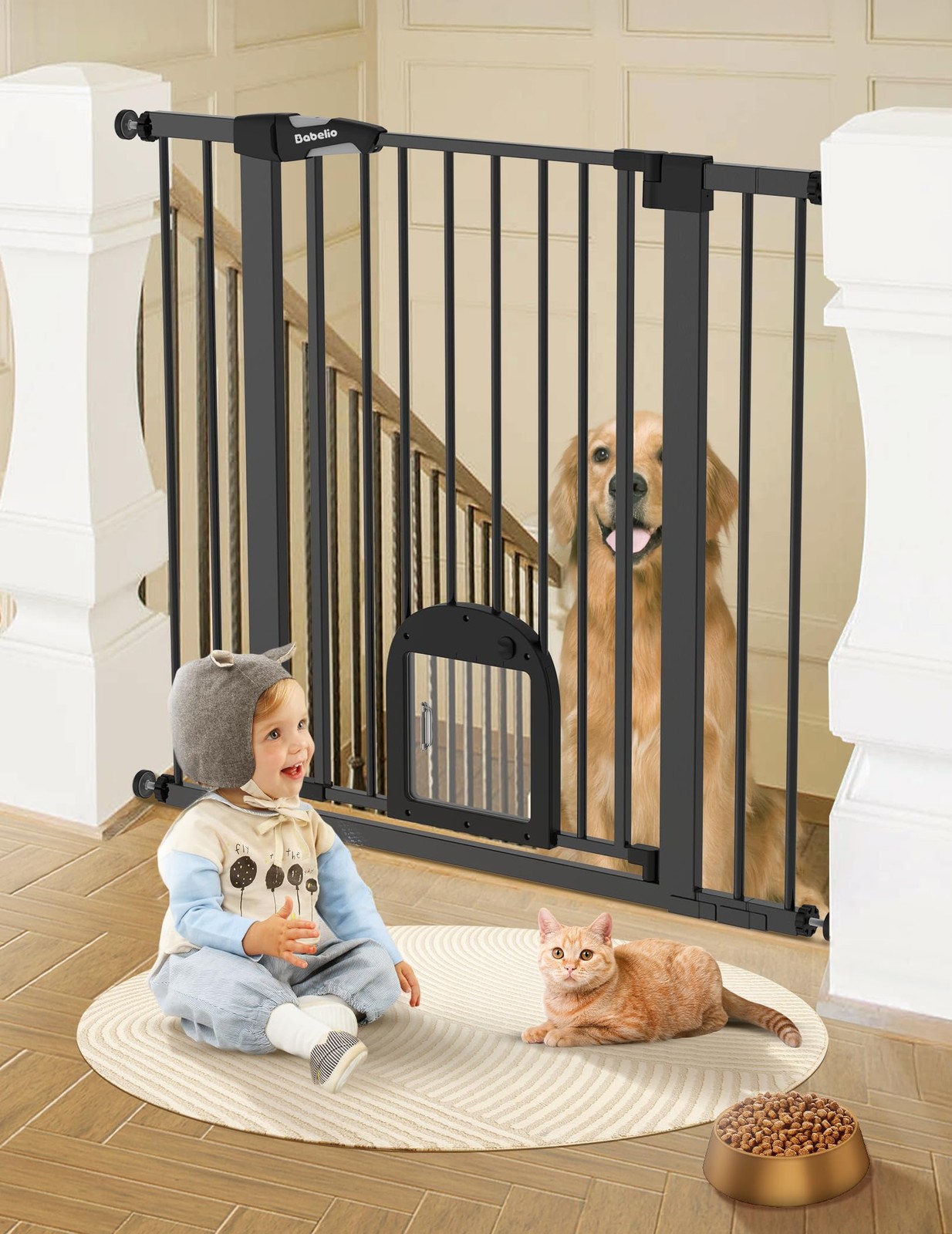 36 Tall Baby Gate with Cat Door 29-43 Durable Dog Black Babelio Upgraded Auto