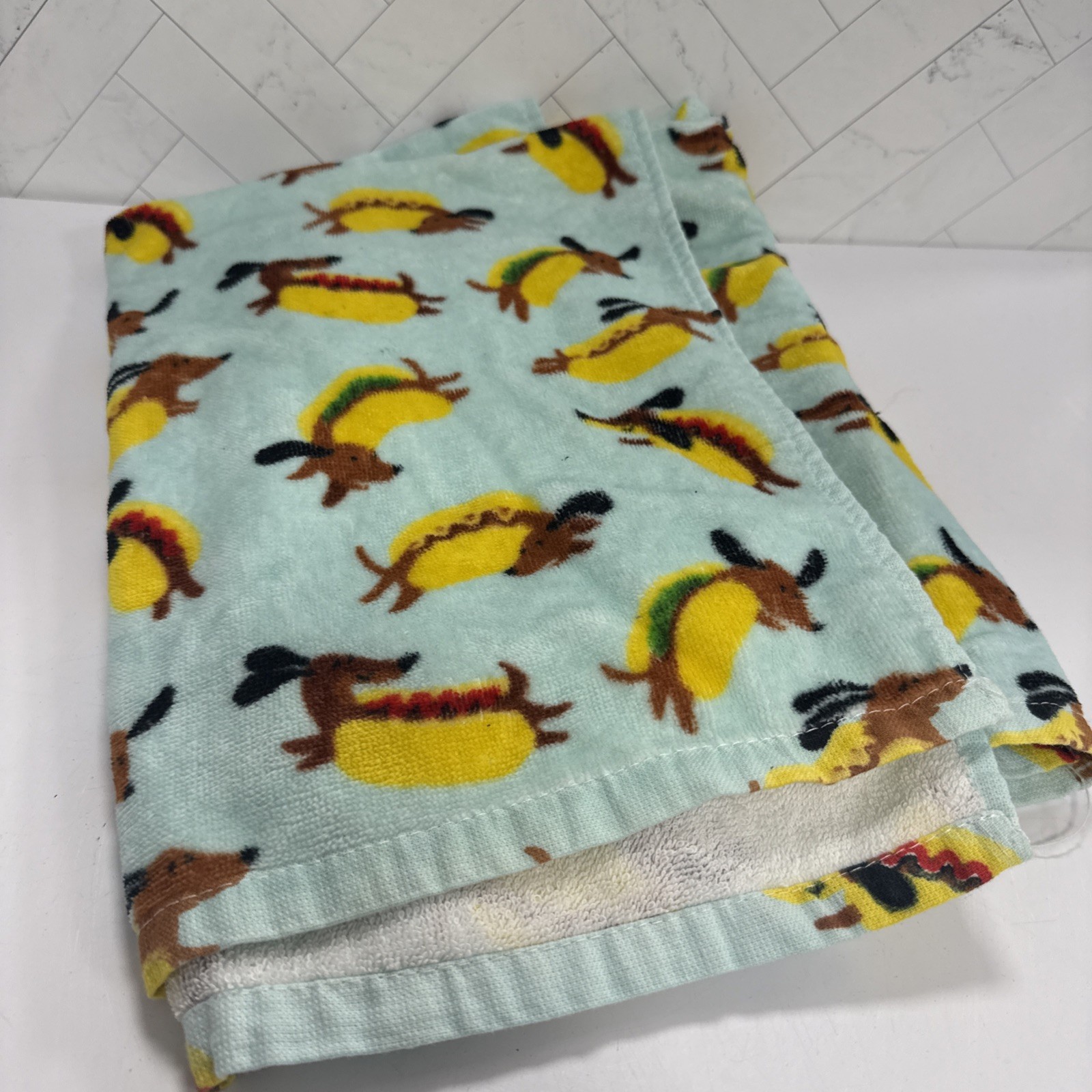 Cynthia Rowley Cute Blue Summer Dachshund Hot Dog Microfiber Hand Towel Set 2x