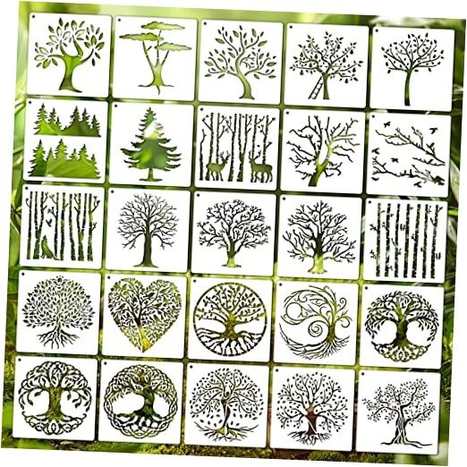 6 Inch Stencils for Painting, Reusable Natural Plants Stencil, 25 Pieces Tree