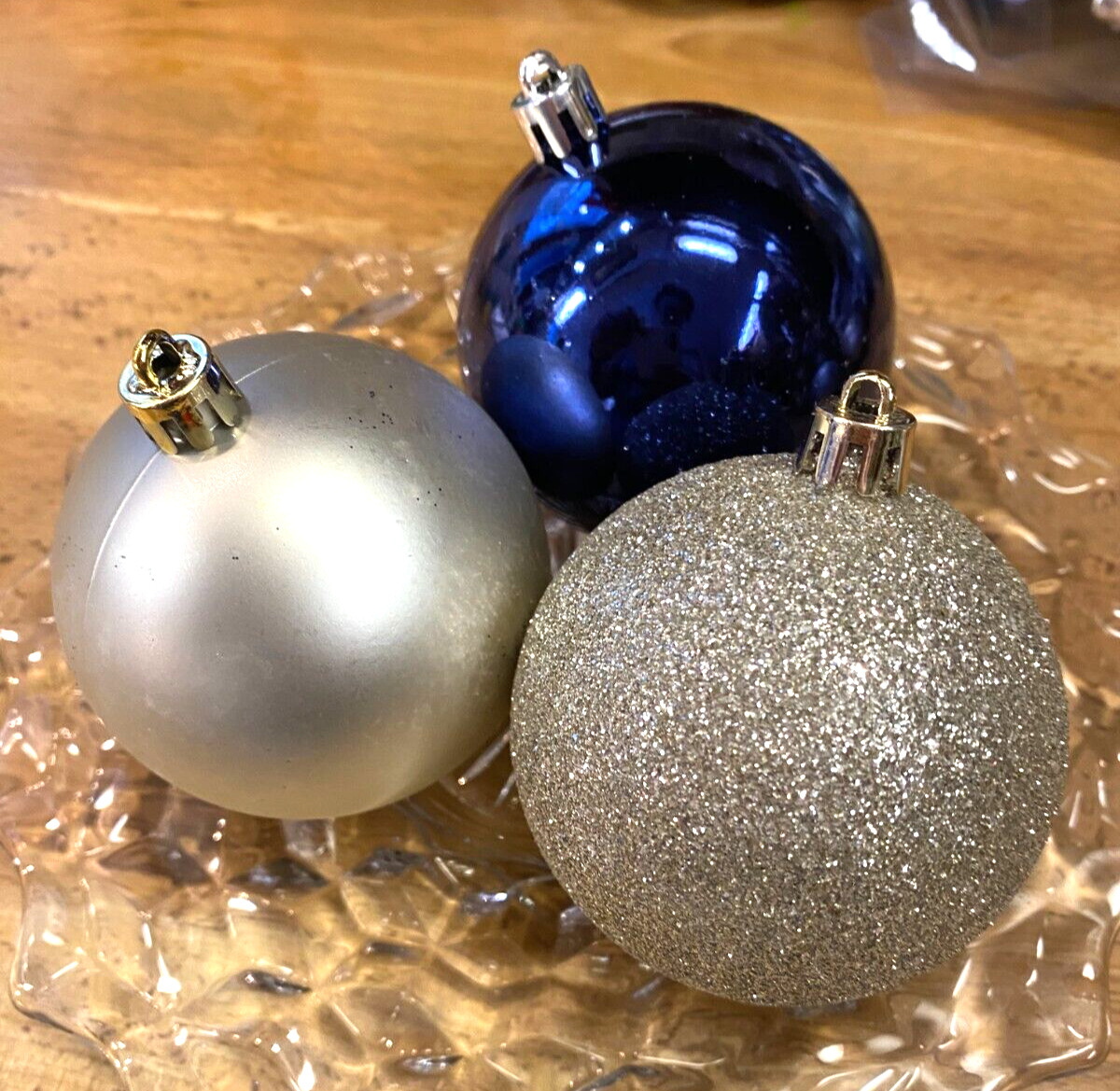 3 Blue & Cream Tones Plastic & Glitter Styrofoam Christmas Ornaments 2.5"