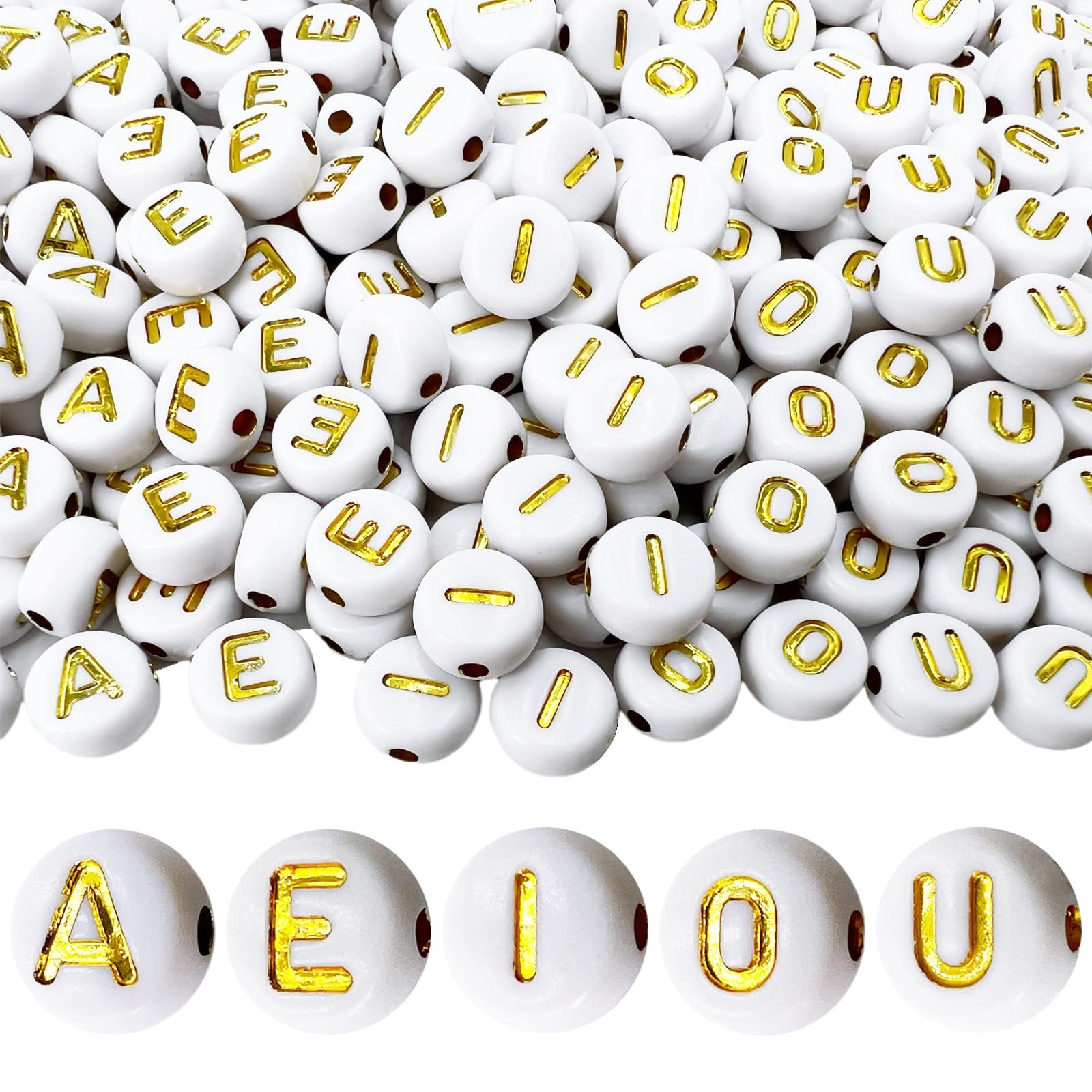 MIIIM 1000pcs Vowel 4X7Mm, 1.8Mm Hole, Round Letters White and Golden 