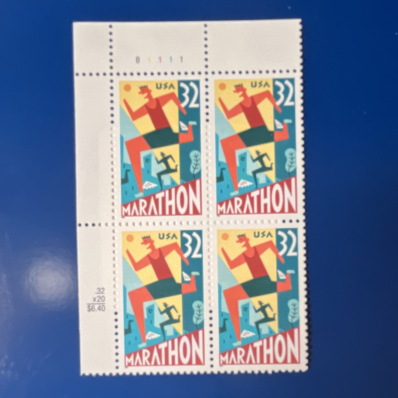 US 32 Cent Plate Block MNH Marathon Sports Multi-Color United States Stamp