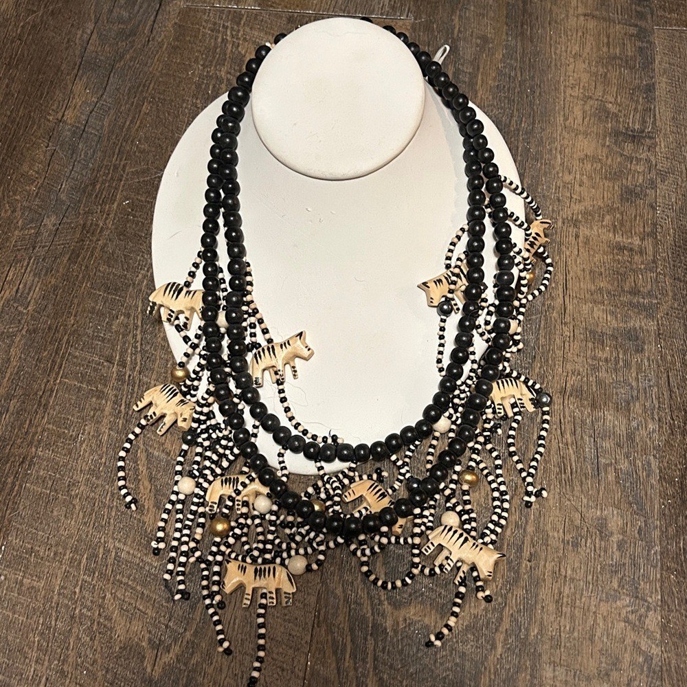 African Necklace Carved Wooden Zebra Giraffe Elephant Safari 2 strand 23"