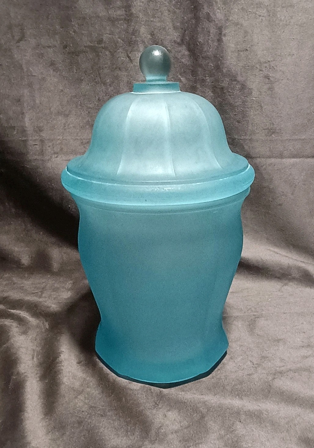 Vintage Blue Paneled Satin Glass Apothecary Jar Domed Lid 10" Depression Indiana