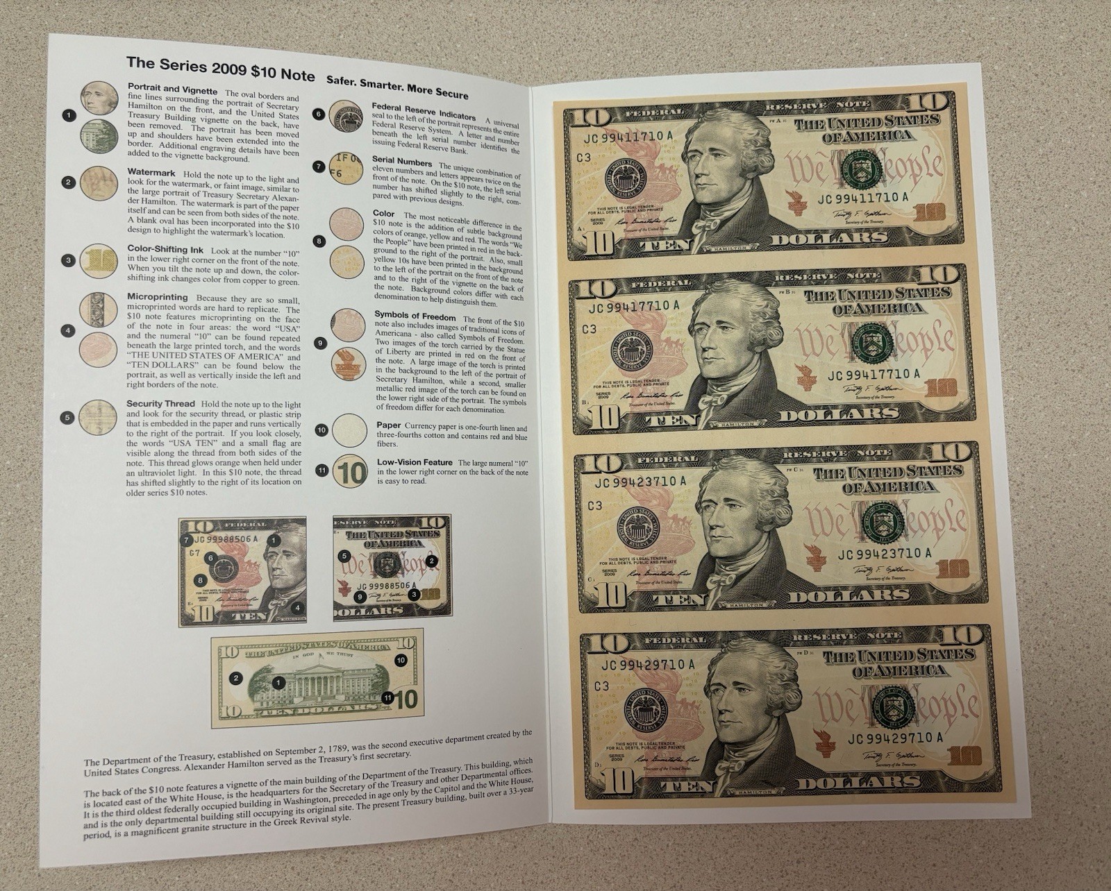Series 2009 $10 Four-Note Uncut Currency Sheet W/ BEP Folder