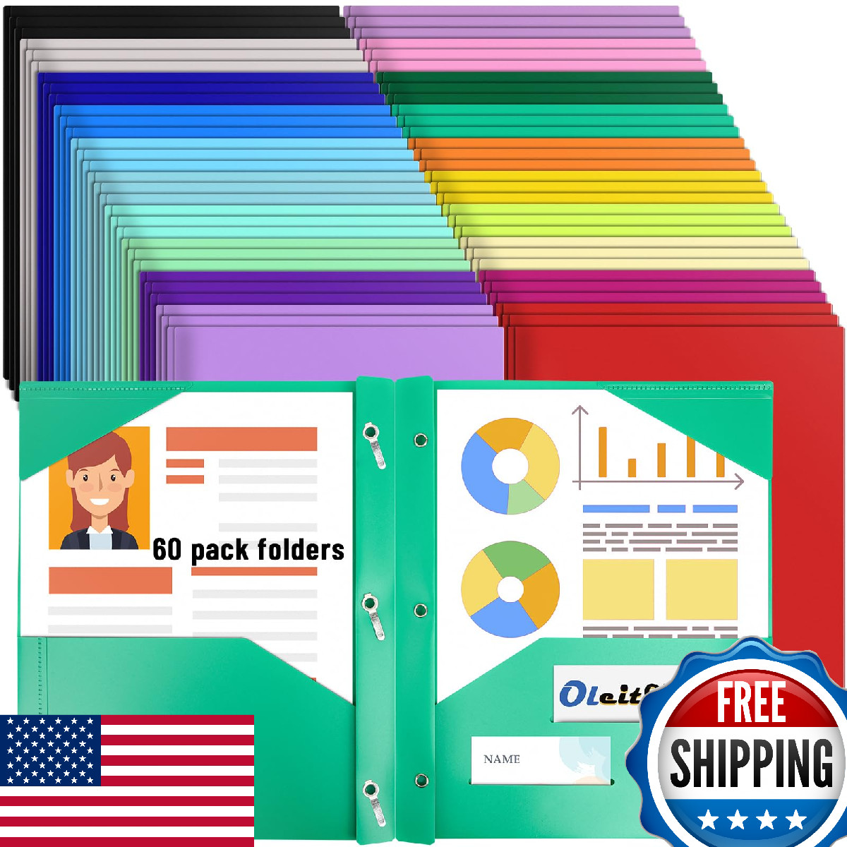 Oleitodh 60 Pack Plastic Folders, 3 Prongs, 2 Pockets, 20 Colors