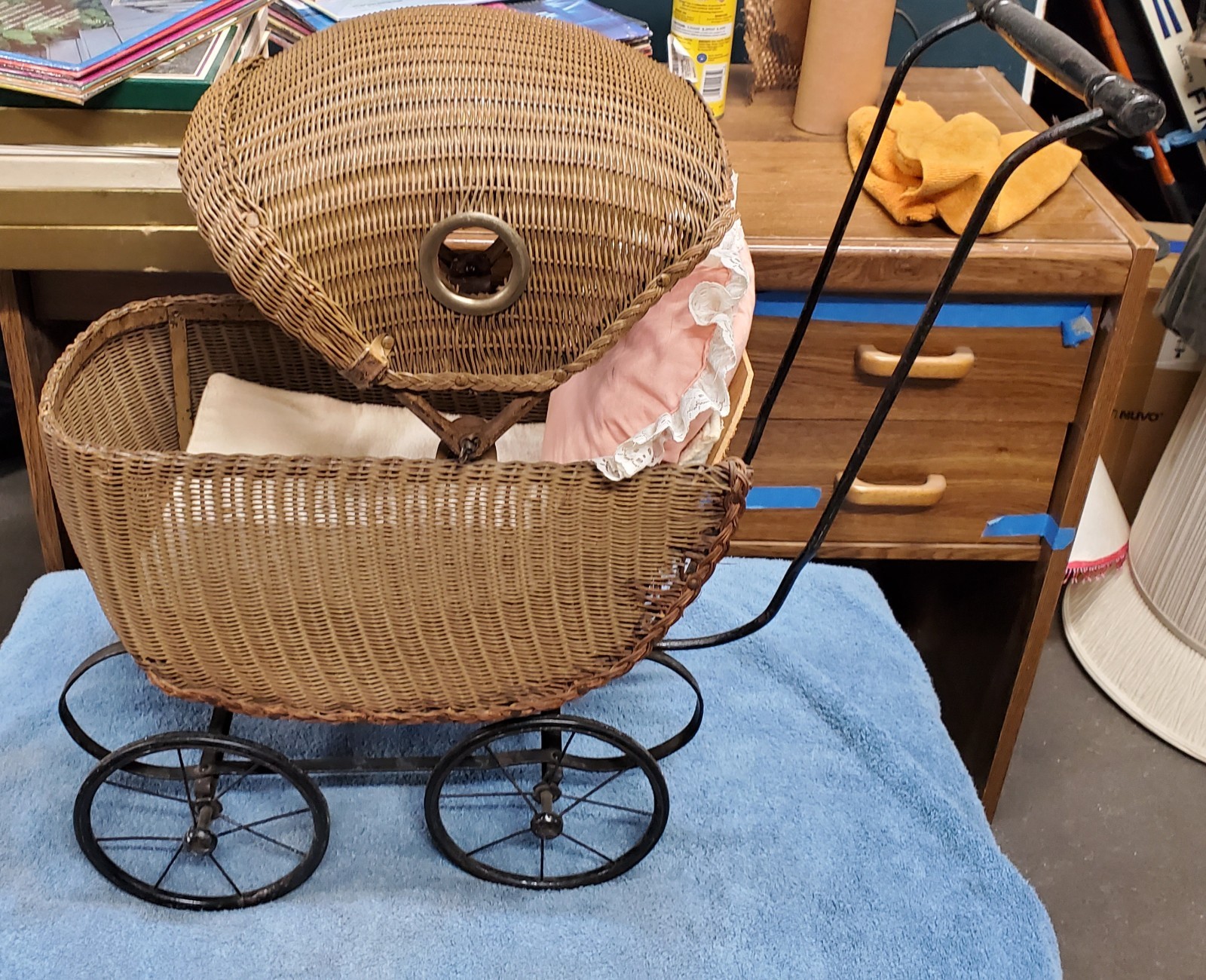 Antique Wicker Victorian Baby Stroller- Wicker, wood, 7 metal base and wheels