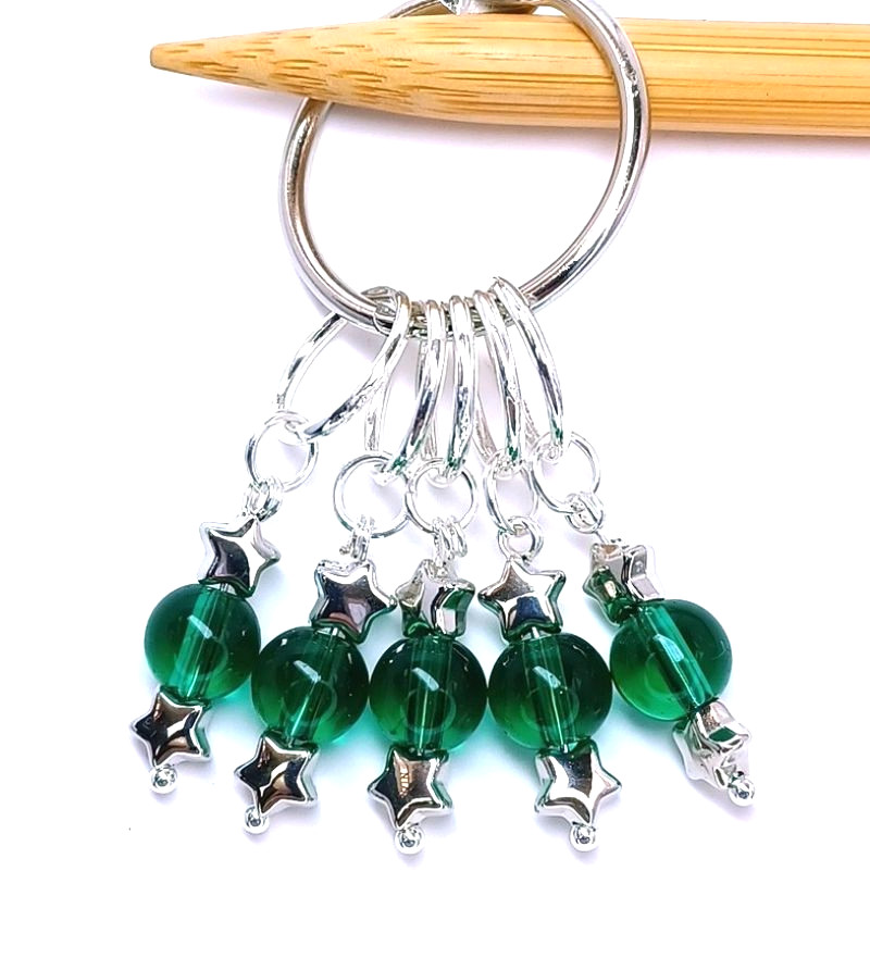 MikieLou Stitch Markers Premium Green Glass Silver Stars Knitting Crochet Gift