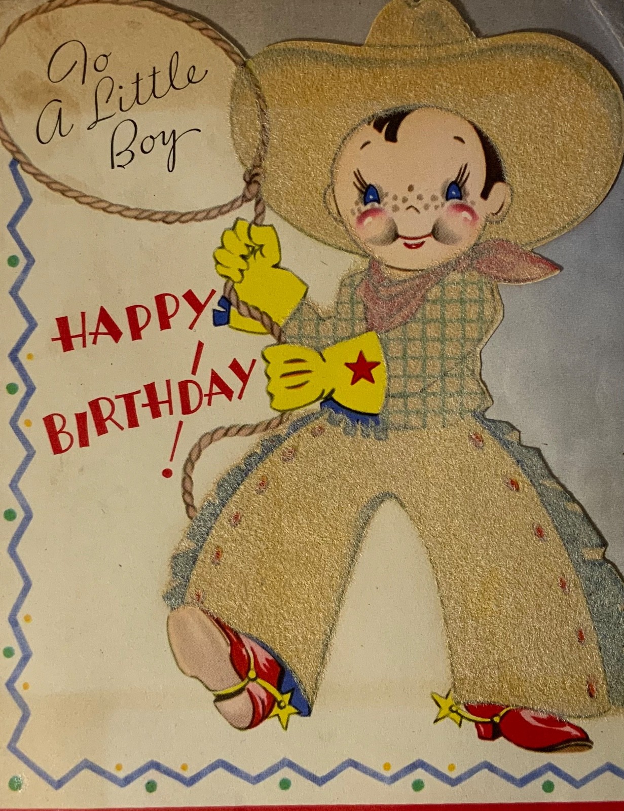VTG 1940s H. A. Co Die Cut Birthday Card Cowboy Flocked Hat & Chaps Lasso Rope