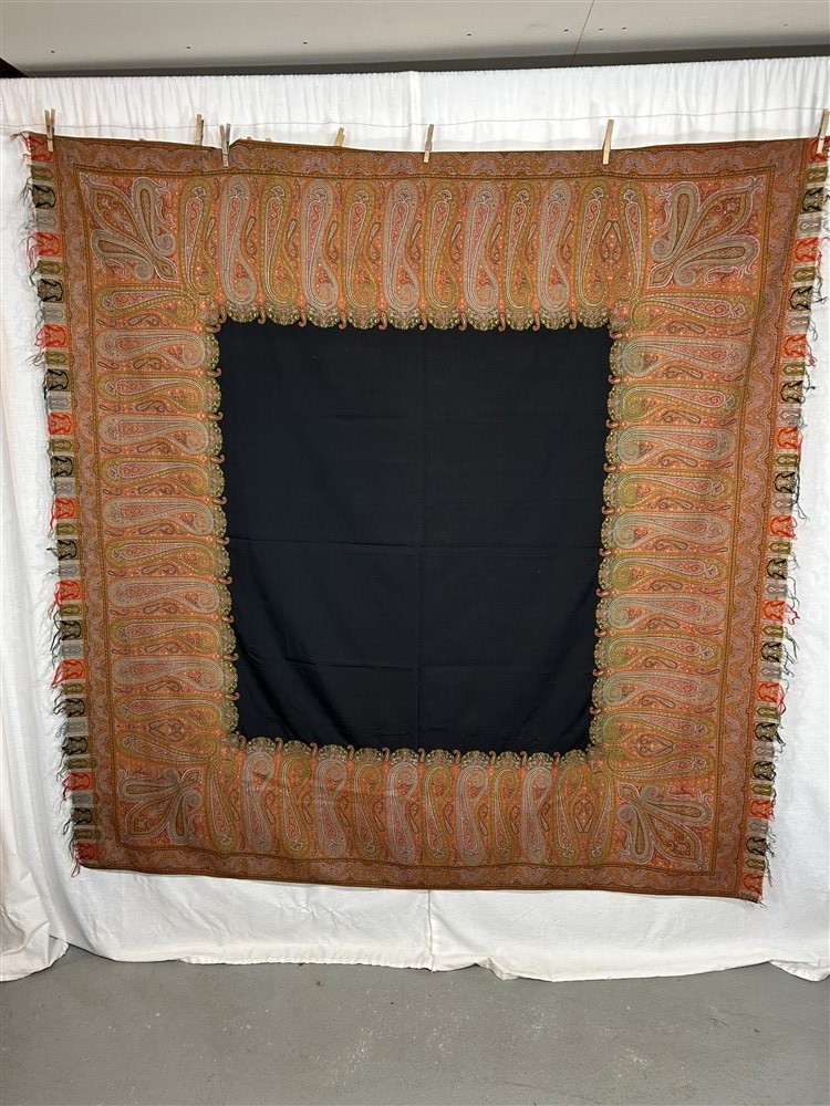 antique paisley woven wool shawl throw  68x70  black center 19th c 1800s best
