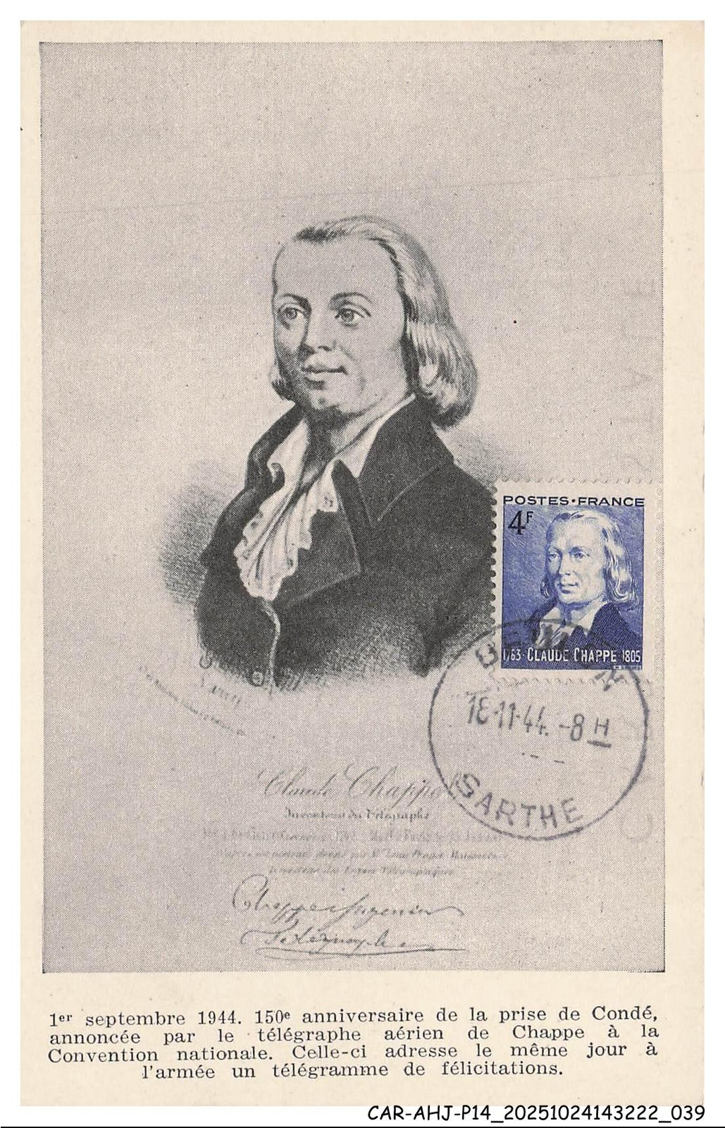 CAR-AHJP14-0680-CARTE-MAXIMUN - Claude Chappe - 1944