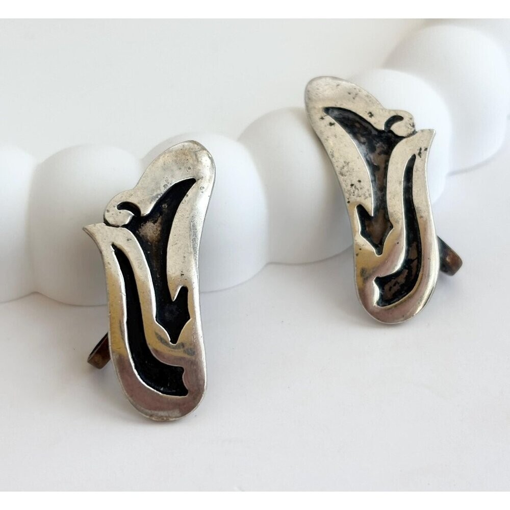 Hopi Overlay Alpaca Sterling Silver Modernist Freeform Mexican Studs