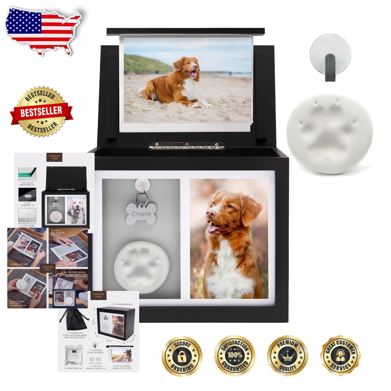 Dog Urn Black MDF Pet Ashes Tribute Box Paw Print Kit Photo